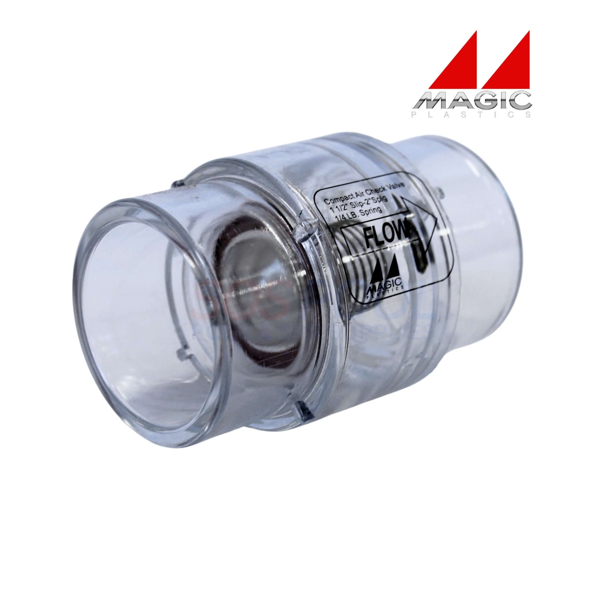 Magic Plastics 1.5" Slip x 2" Spigot Check Valve, clear body for easy inspection, ideal for pool and irrigation use.