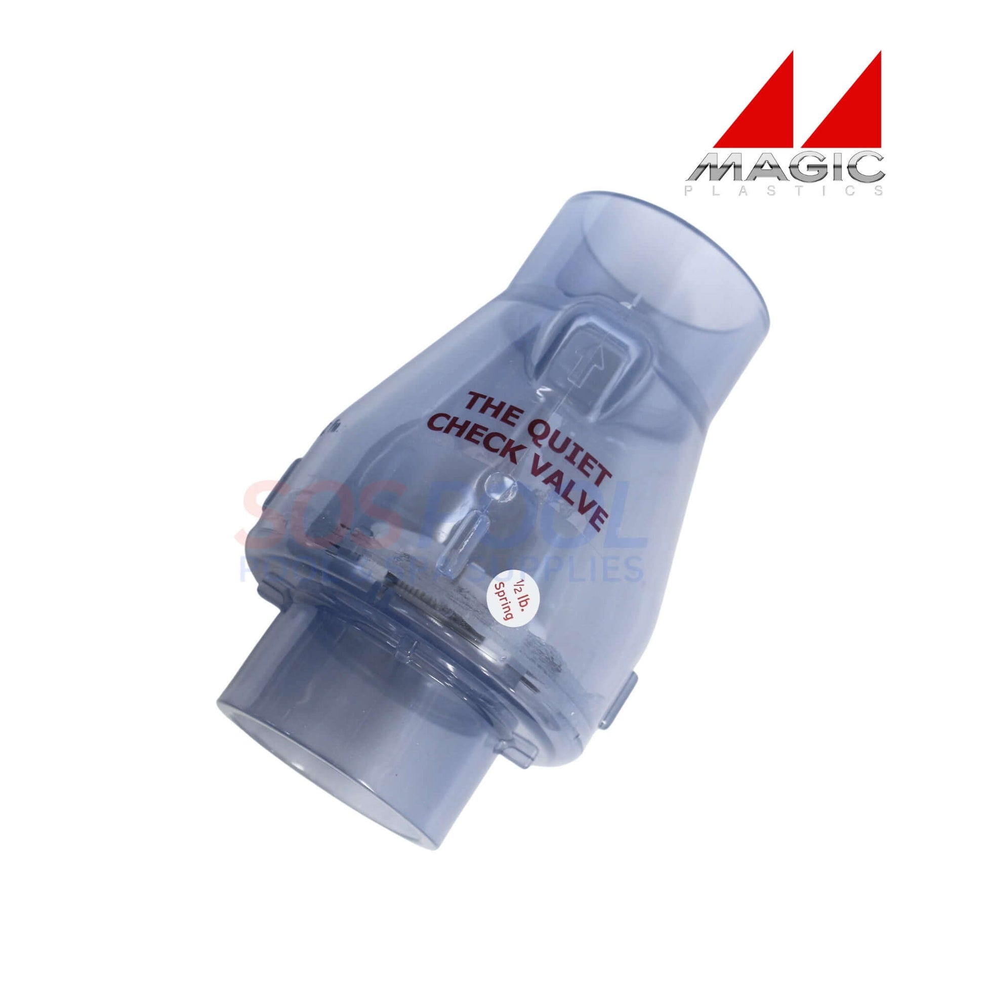 Magic Plastics Quiet Check Valve, SKU 0821-20C, clear design shown from side angle, ideal for swimming pool supplies.
