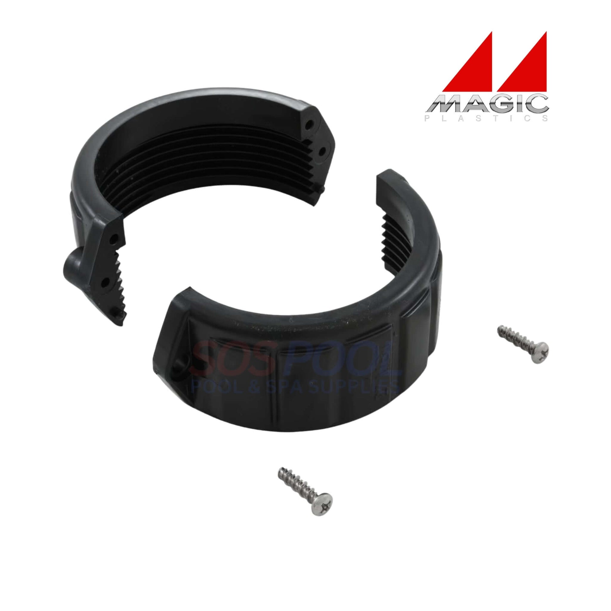 Magic Plastics 2" Split Nut Pump Union 0121109020 in black, ideal for pool and irrigation systems maintenance by SOS Pool.