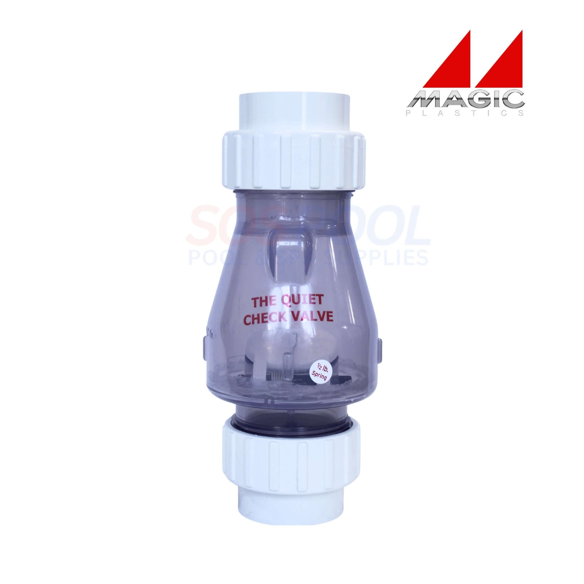 Magic Plastics 2" Union Swing Spring Check Valve, clear body, SKU 0823-20C, ideal for pool and spa flow control. SOS Pool Supplies.