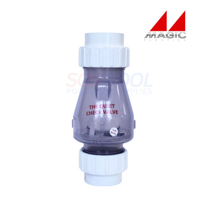 Magic Plastics 2" Union Swing Spring Check Valve, clear body, SKU 0823-20C, ideal for pool and spa flow control. SOS Pool Supplies.