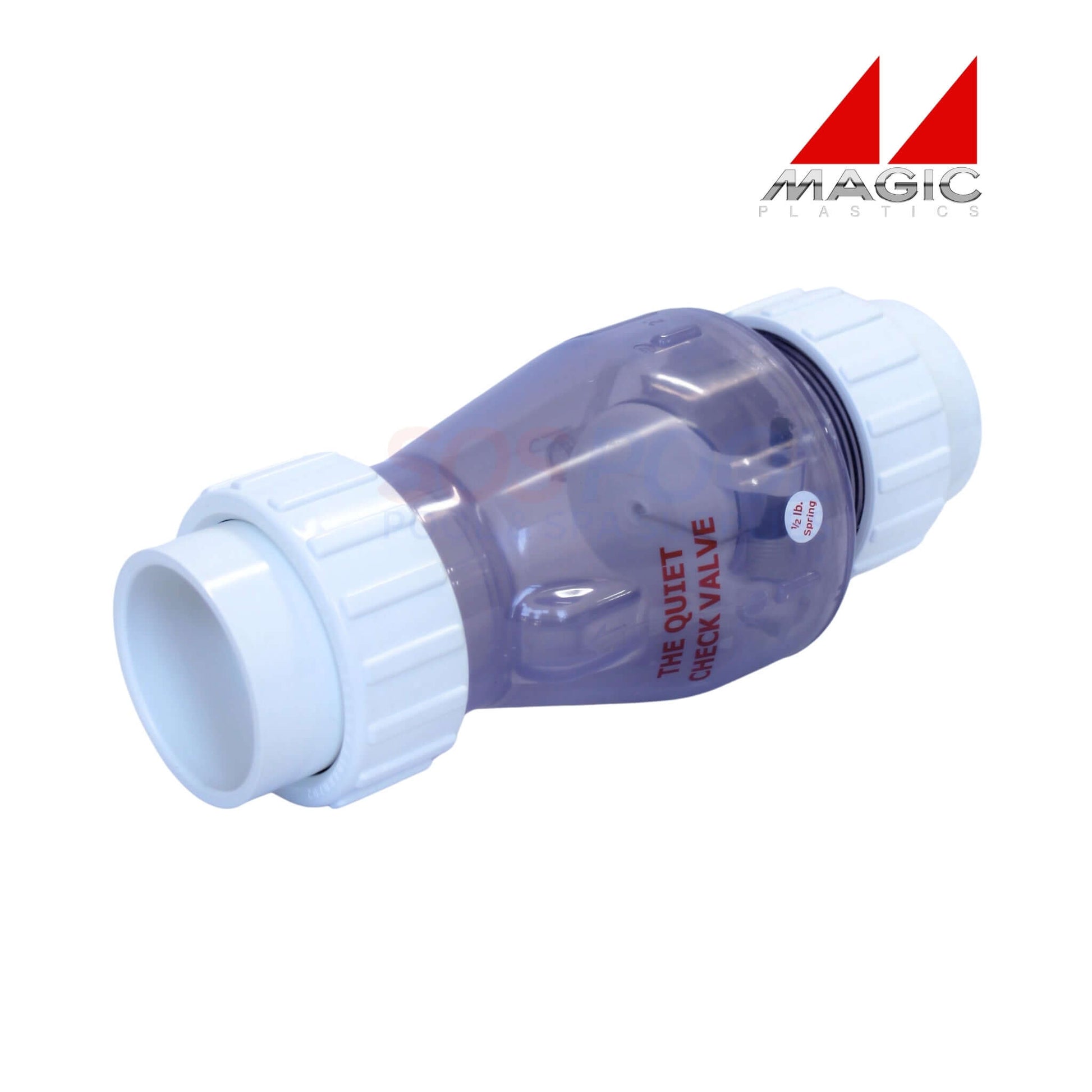 Magic Plastics 0823-20C 2" union swing spring check valve, clear, for pool and irrigation systems, featuring a white union connection.