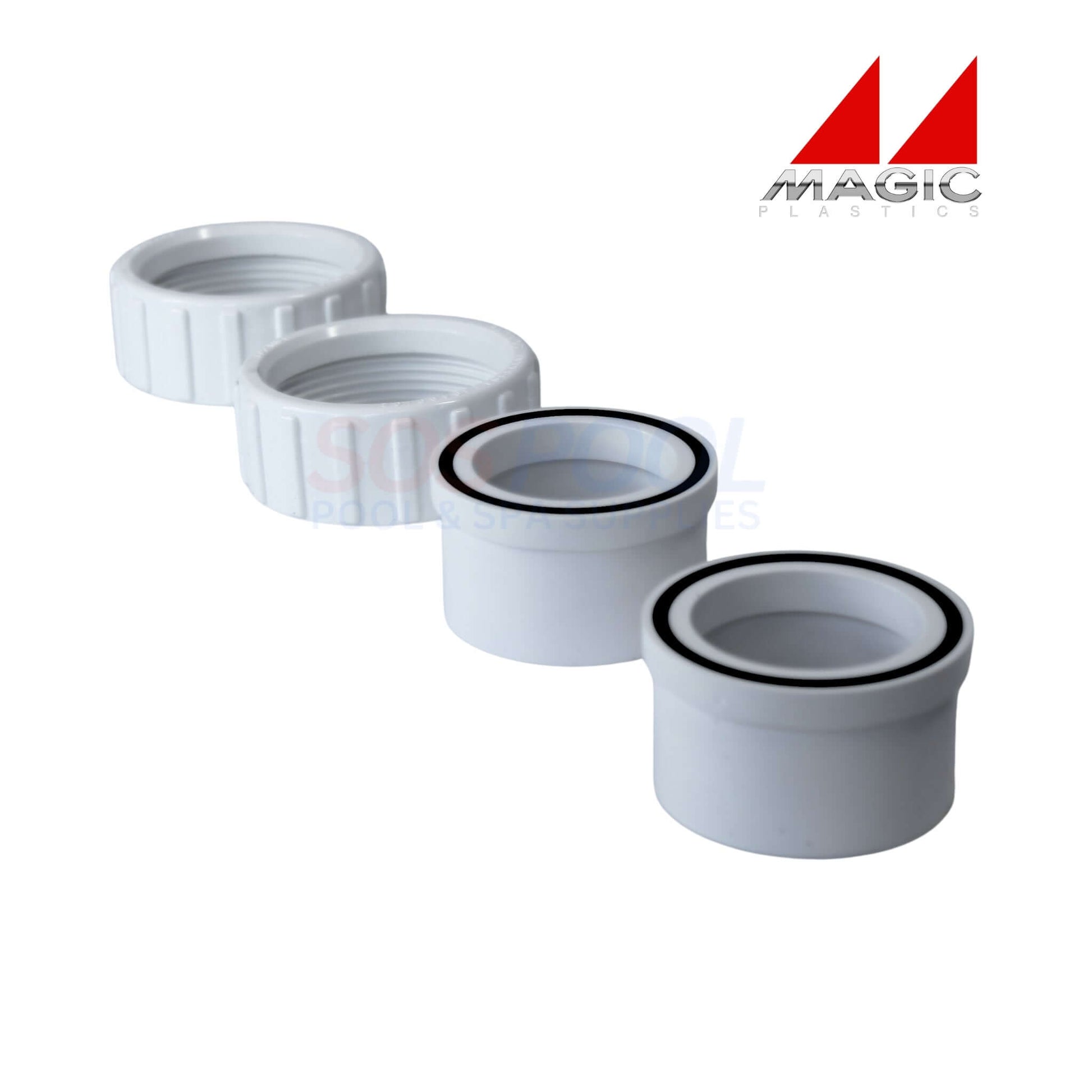 Magic Plastics 2" Pump Union Assembly (0602-20) showcasing white leak-resistant connectors for SOS Pool supplies.