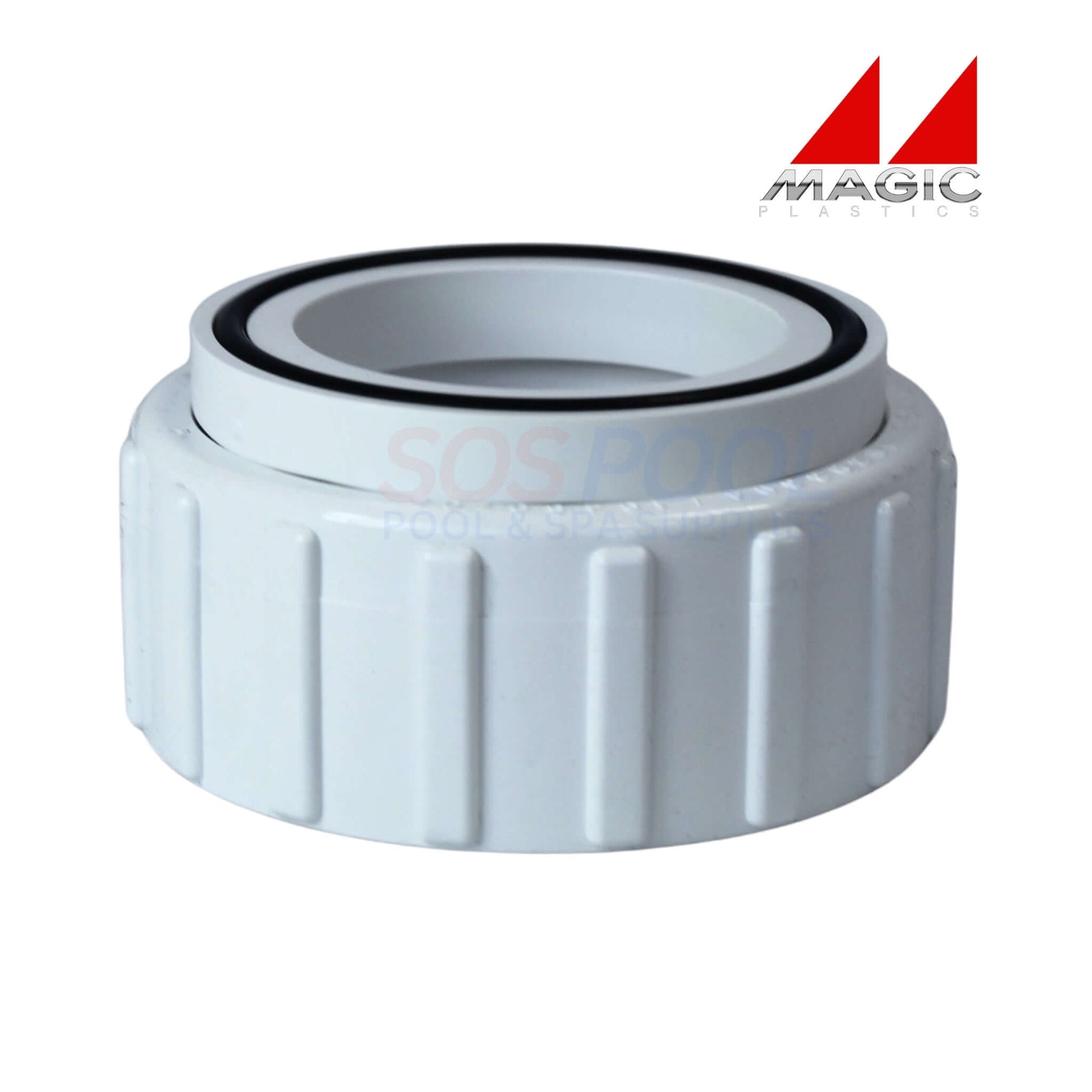 Magic Plastics Pump Union FBT x Slip 1.5" 0602-15 in white, ideal for connecting pump to PVC in pools and spas.