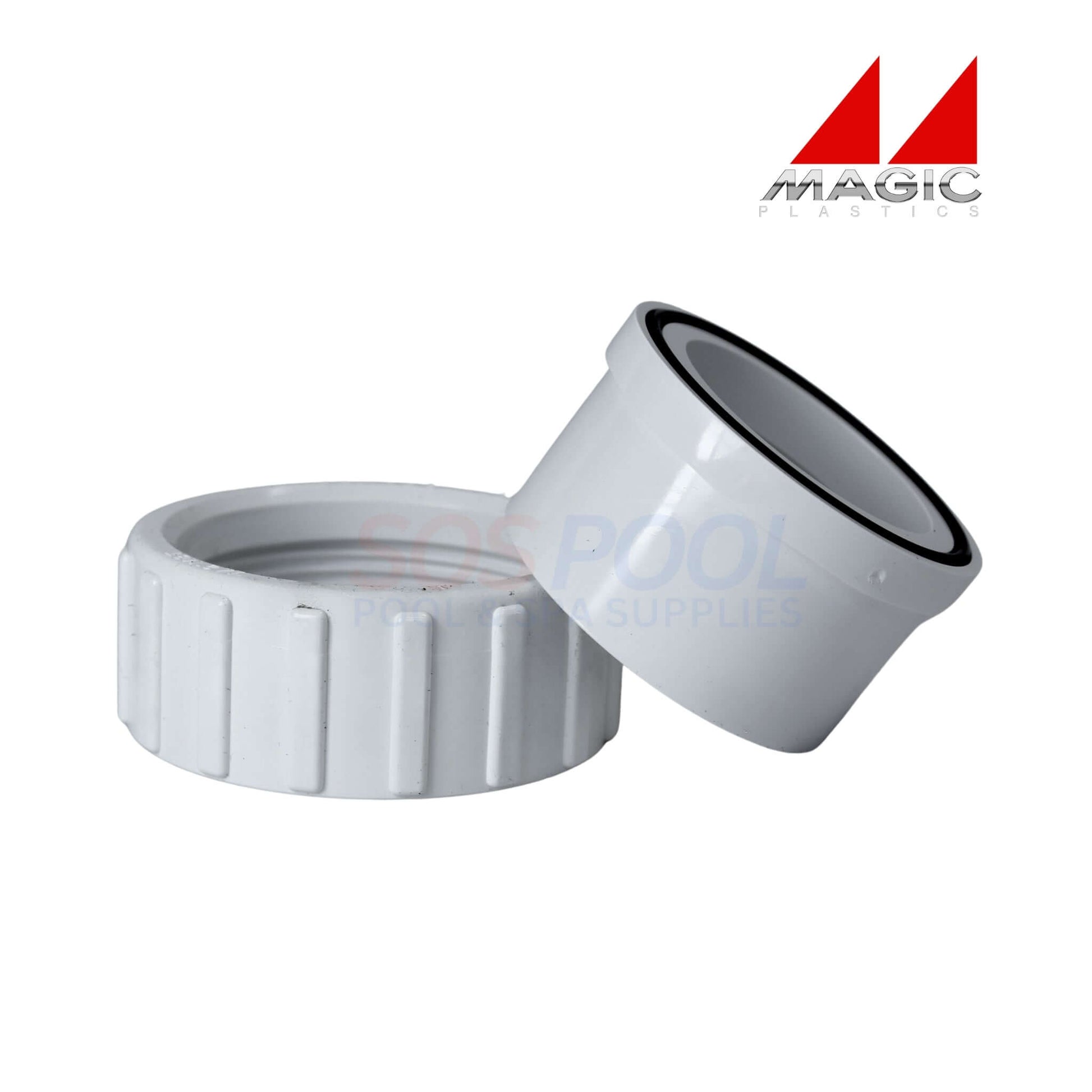 Magic Plastics 0602-15 Pump Union FBT x Slip, 1.5-inch, white, durable for pool and spa plumbing. SOS Pool supplies.