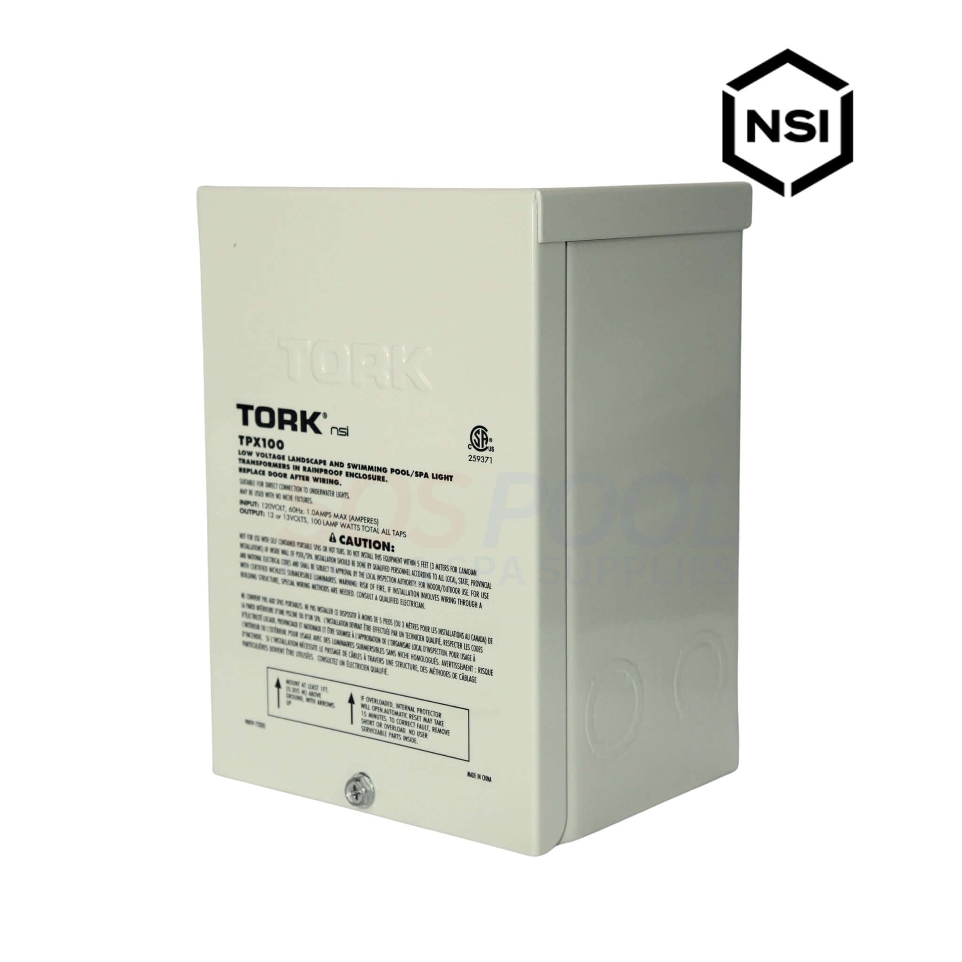 NSI TORK Safety Transformer TPX100, 100W, 120V Input/12V Output, ideal for low-voltage pool lighting and outdoor use.