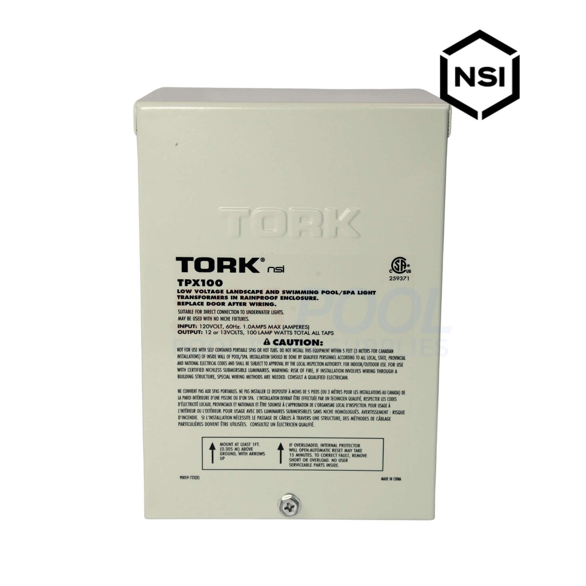 NSI TORK TPX100 Safety Transformer for pools and landscapes, 100W 120V to 12V output, outdoor-duty steel enclosure.