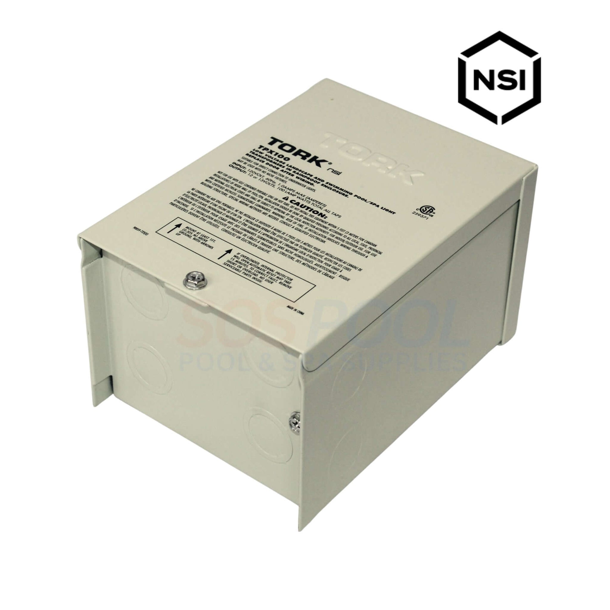 NSI TORK Safety Transformer TPX100 gray steel enclosure for pool lighting, 100W, 120V input to 12V output, outdoor use.