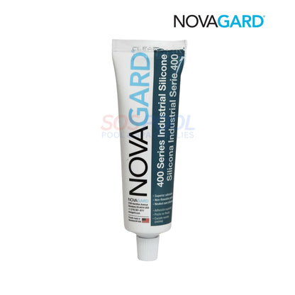 Novagard Clear Silicone Sealant Adhesive 3 oz | RTV400-150 in a tube, used for pool and spa maintenance and bonding.