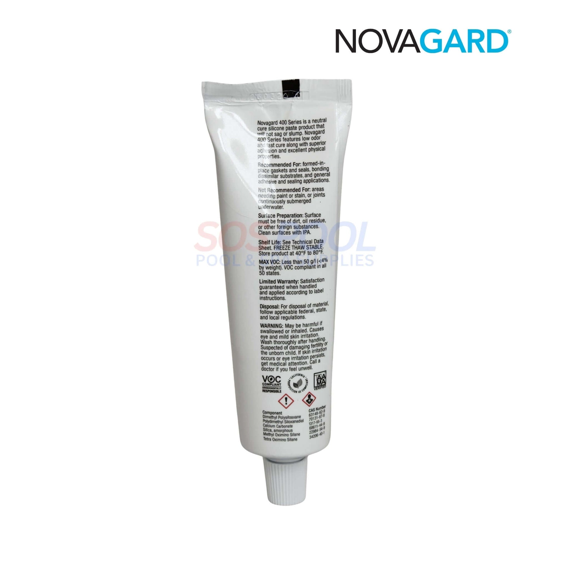 Novagard Clear Silicone Sealant Adhesive 3 oz | RTV400-150 tube showing usage instructions, ideal for SOS Pool maintenance, swimming pool parts.