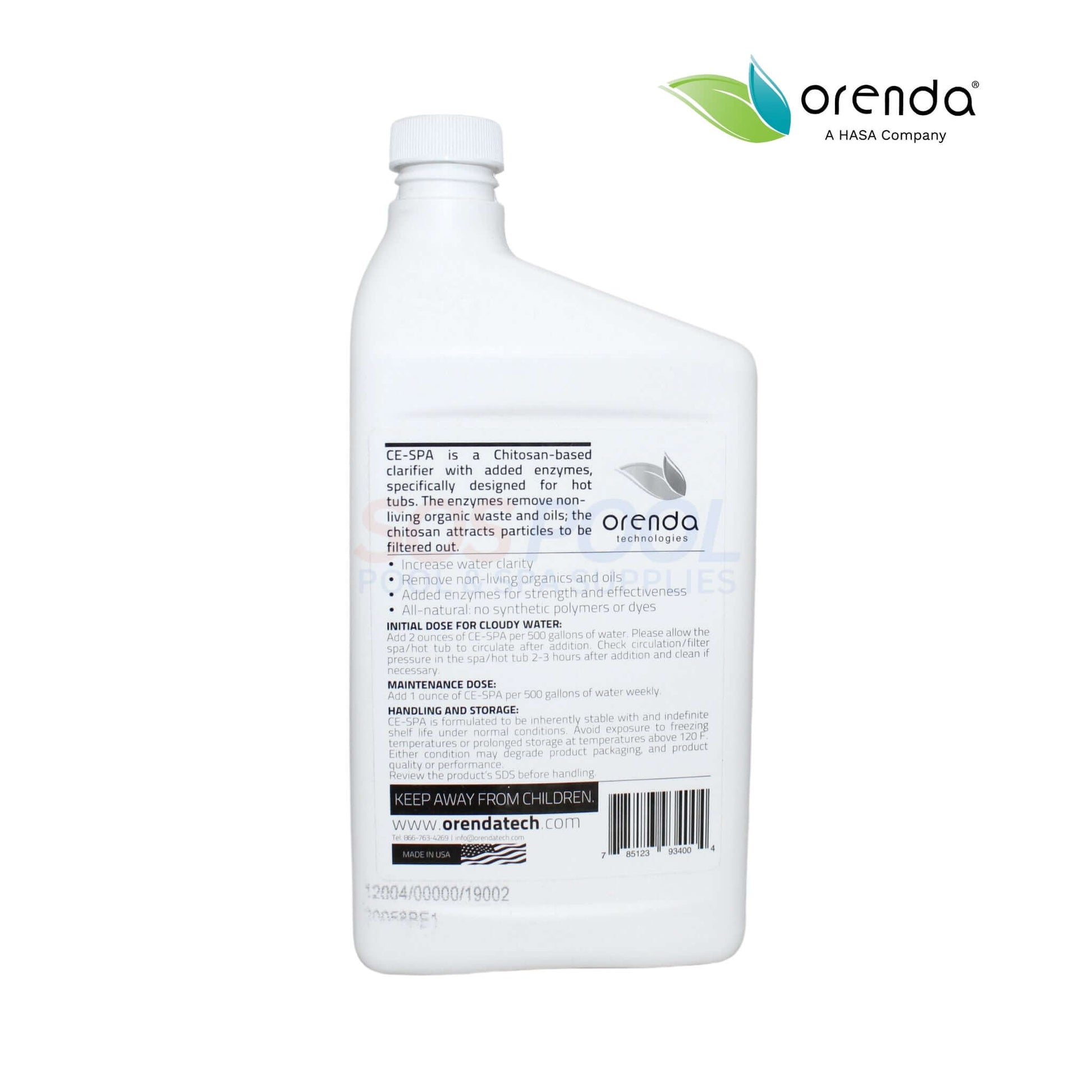 Orenda CE-SPA Clarifier and Enzyme Cleaner 32oz for hot tubs, effective water clarity, SOS Pool, all-natural formulation.