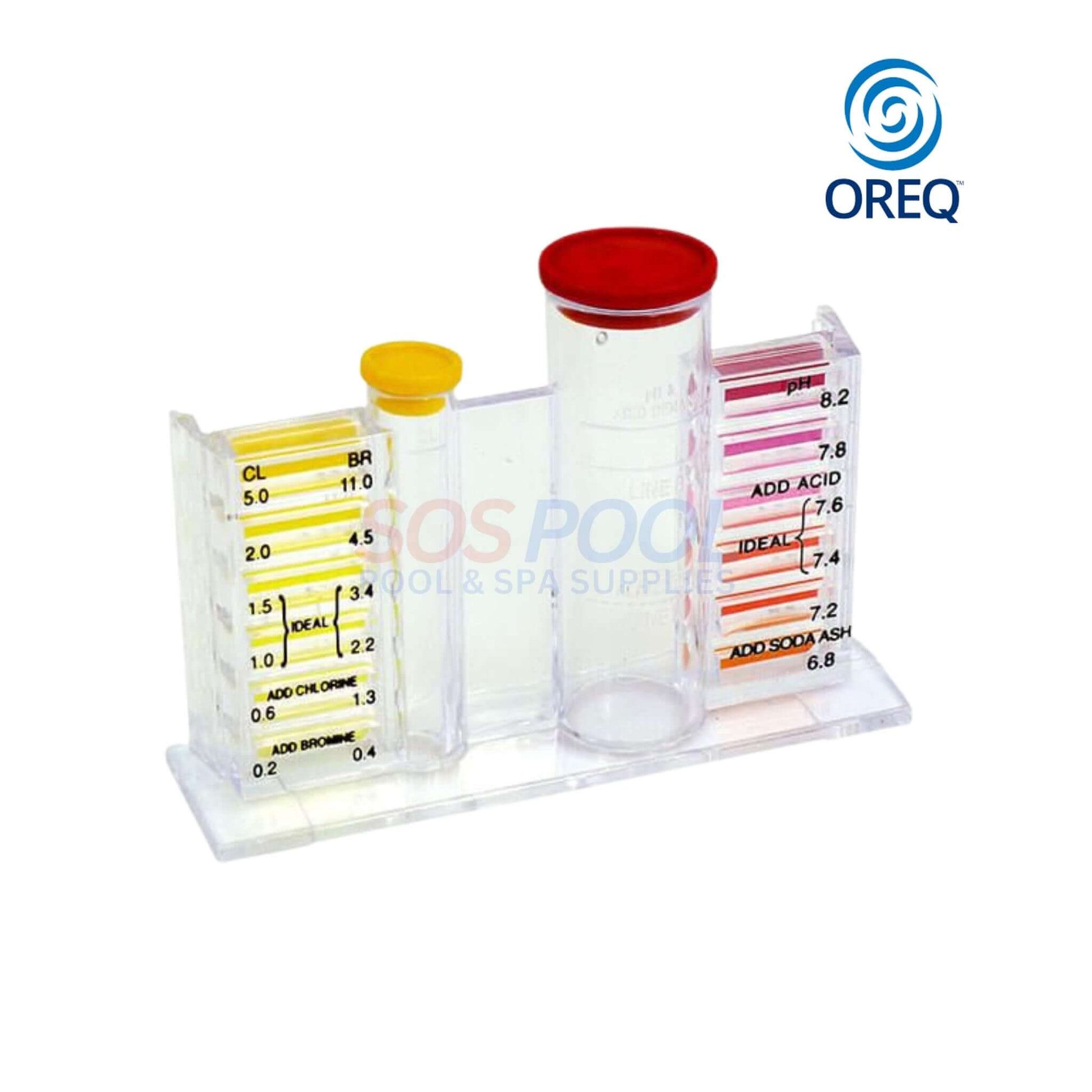 Oreq 4-Way Pool Water Test Kit | TK400 in clear Lucite with color indicators for pH, chlorine, and alkalinity testing.