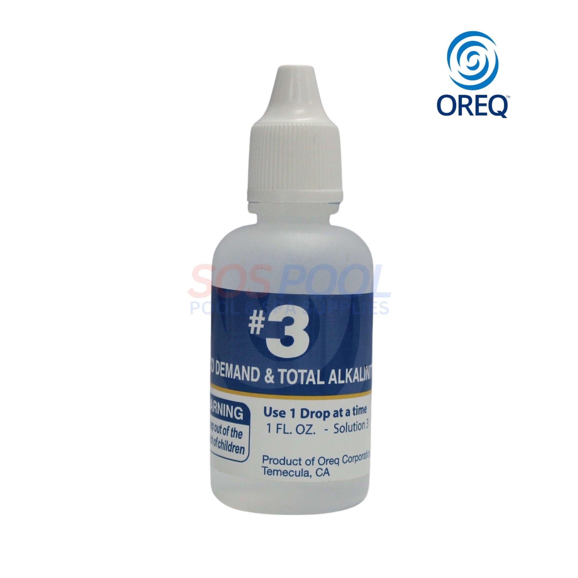 Oreq 4-Way Pool Water Test Kit | TK400 reagent bottle for acid demand and total alkalinity, SOS Pool supplies.