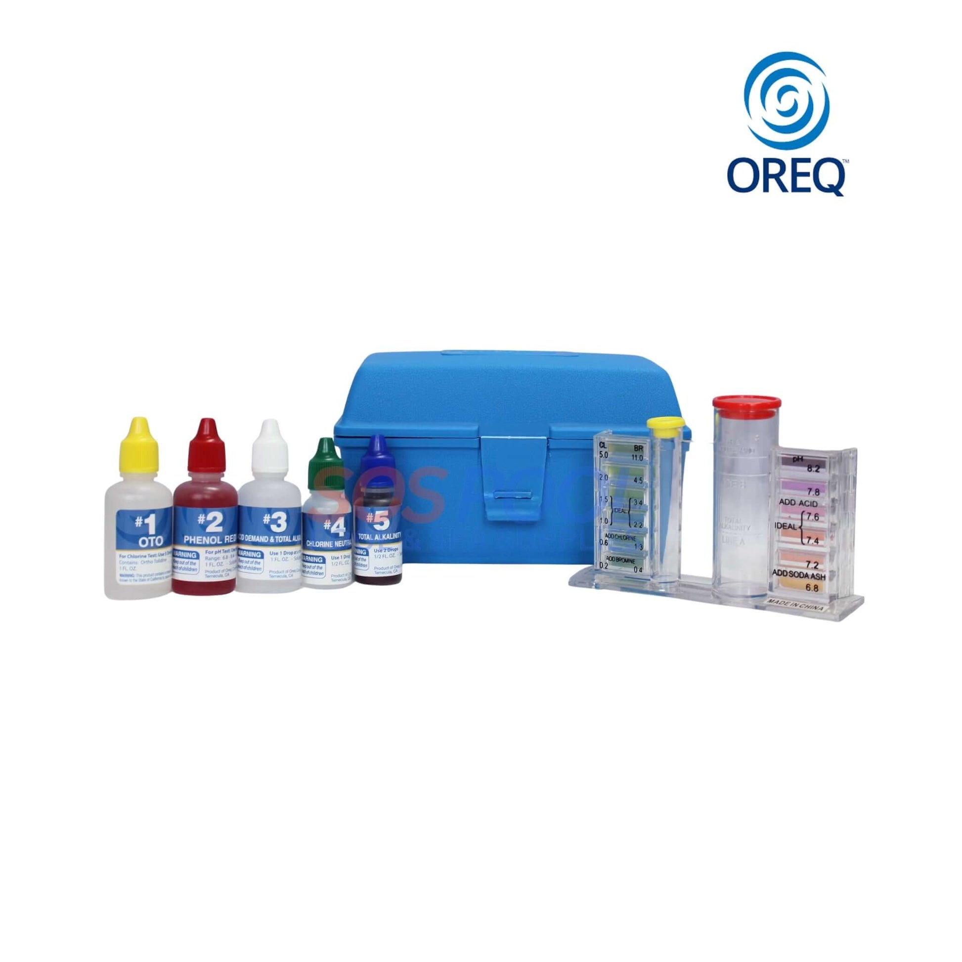 Oreq 4-Way Pool Water Test Kit | TK400 with solutions, blue storage case, and testing block for swimming pool parts.