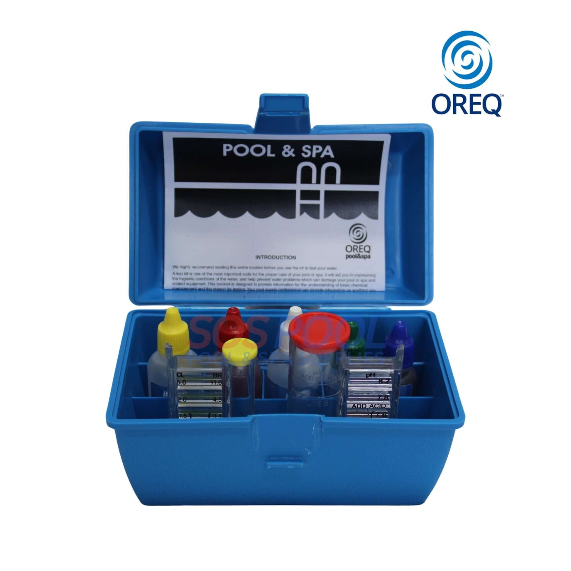 Oreq 4-Way Pool Water Test Kit | TK400 in a blue storage case, showing test reagents for pool supplies & spa maintenance.
