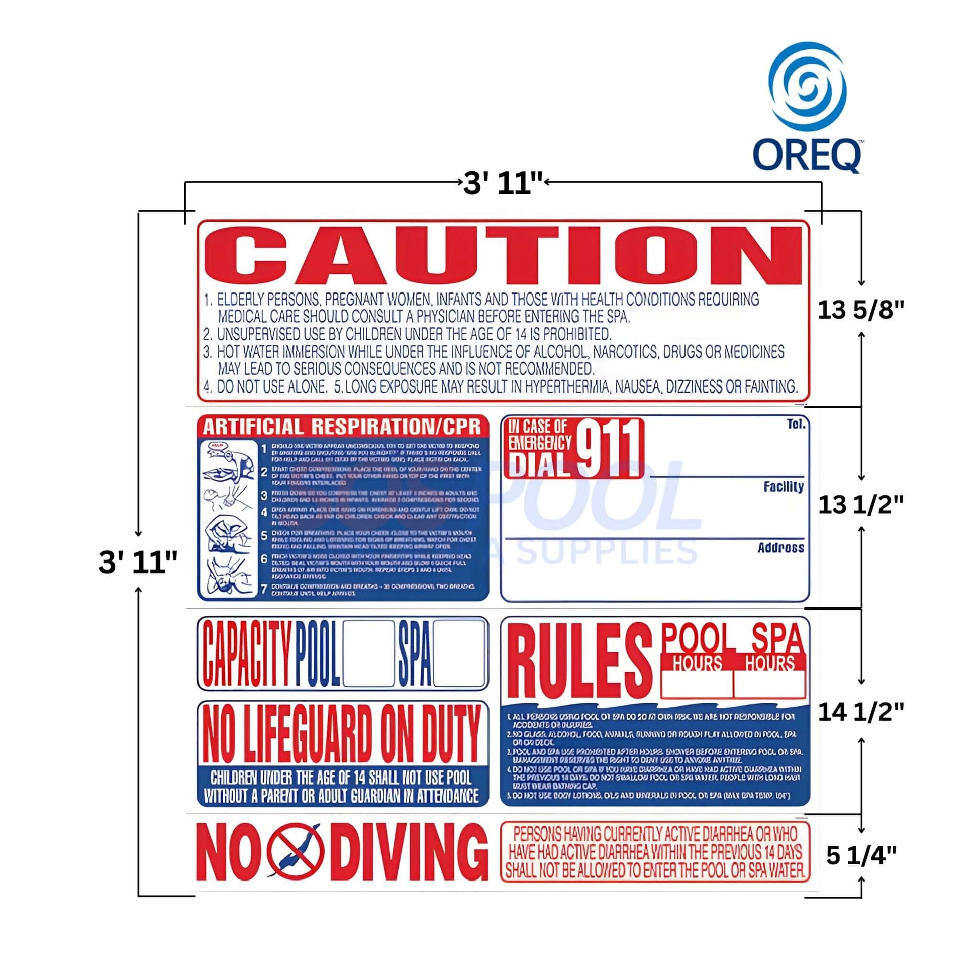 Oreq 8-In-1 California Pool Safety Sign | SI9000CA displays safety rules, dimensions, and compliance messages for swimming pools.