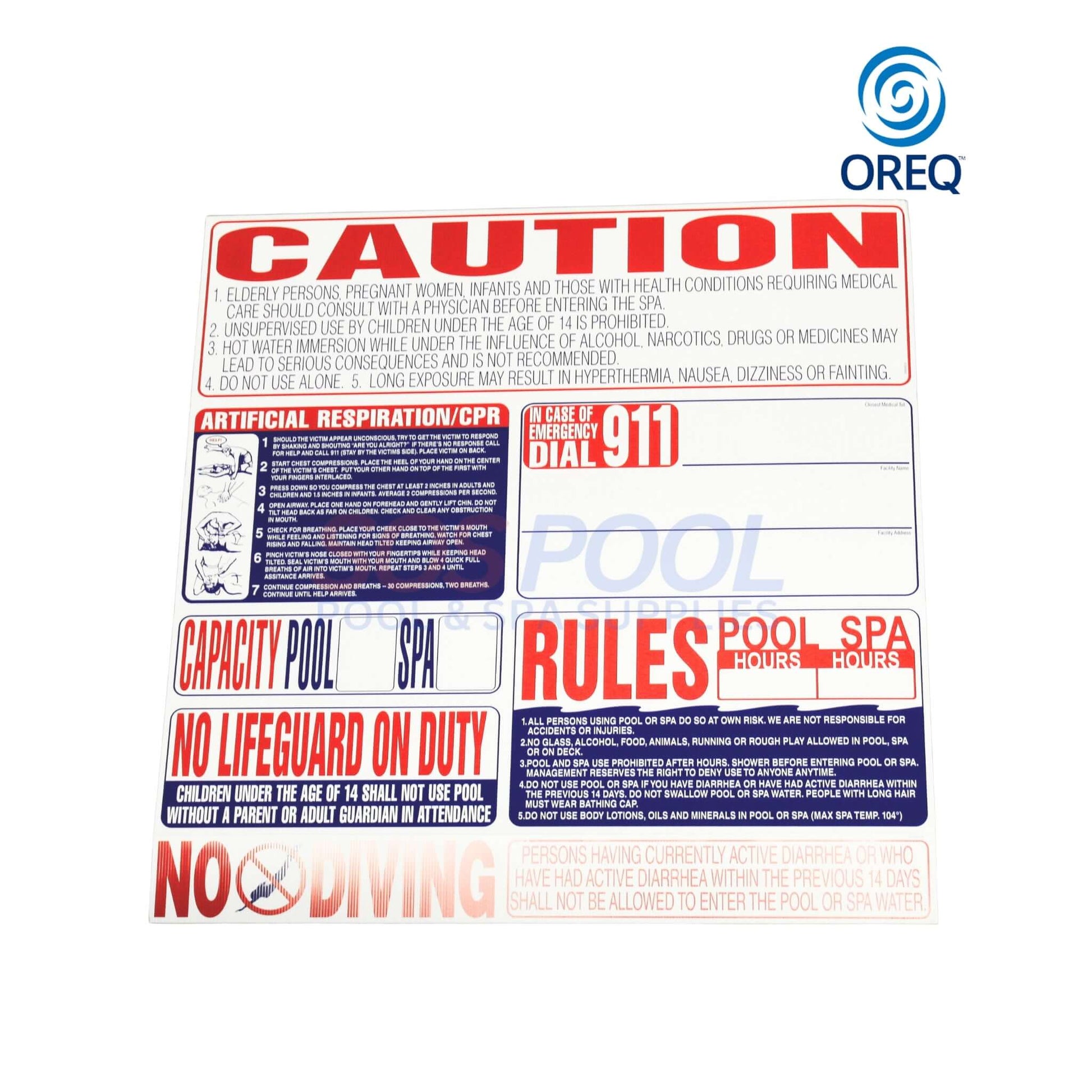 Oreq 8-In-1 California Pool Safety Sign | SI9000CA featuring caution and safety rules for pools and spas, UV-resistant, colorful design.