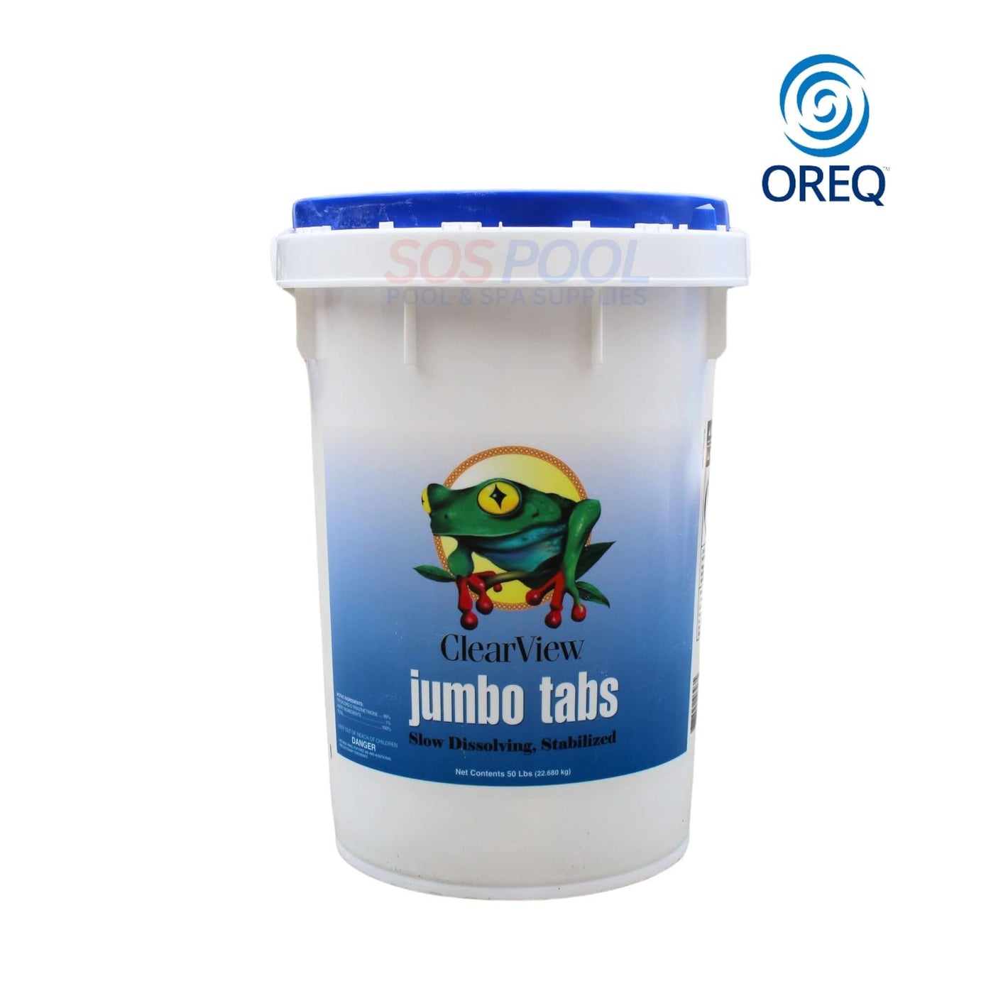 Oreq ClearView 3” Chlorine Tablets in 50 lbs bucket for pools, featuring 99% Trichlor, available at SOS Pool.