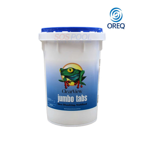 Oreq ClearView 3” Chlorine Tablets in 50 lbs bucket for pools, featuring 99% Trichlor, available at SOS Pool.
