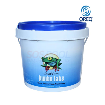 Oreq ClearView jumbo tabs bucket for pools, 25 lbs of slow dissolving stabilized chlorine tablets, SKU CVTL025U, SOS Pool.
