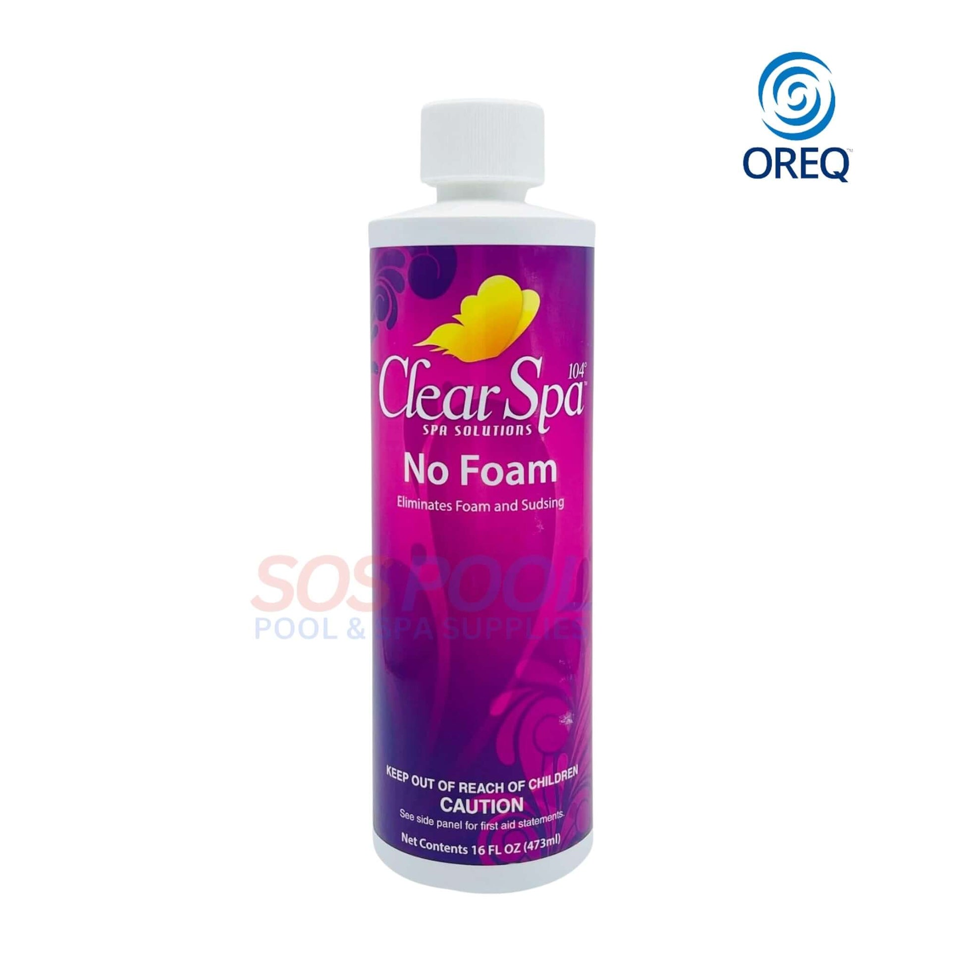 Oreq Clear Spa No Foam 16oz bottle for effective foam control in spas, hot tubs, and whirlpools. SOS Pool.