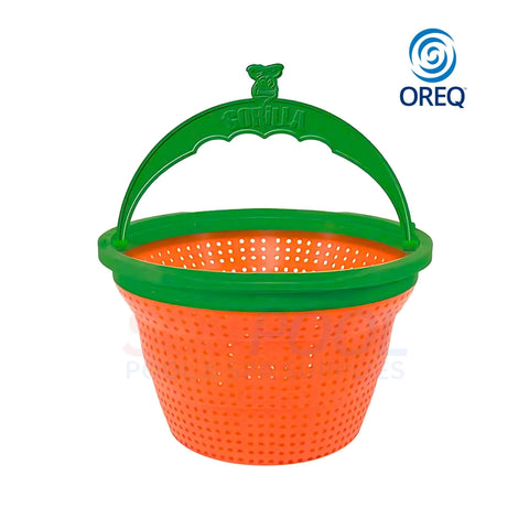 Oreq Gorilla Tuff Pool Skimmer Basket G9-Basket in orange with green handle, ideal for swimming pool maintenance, SOS Pool supplies.