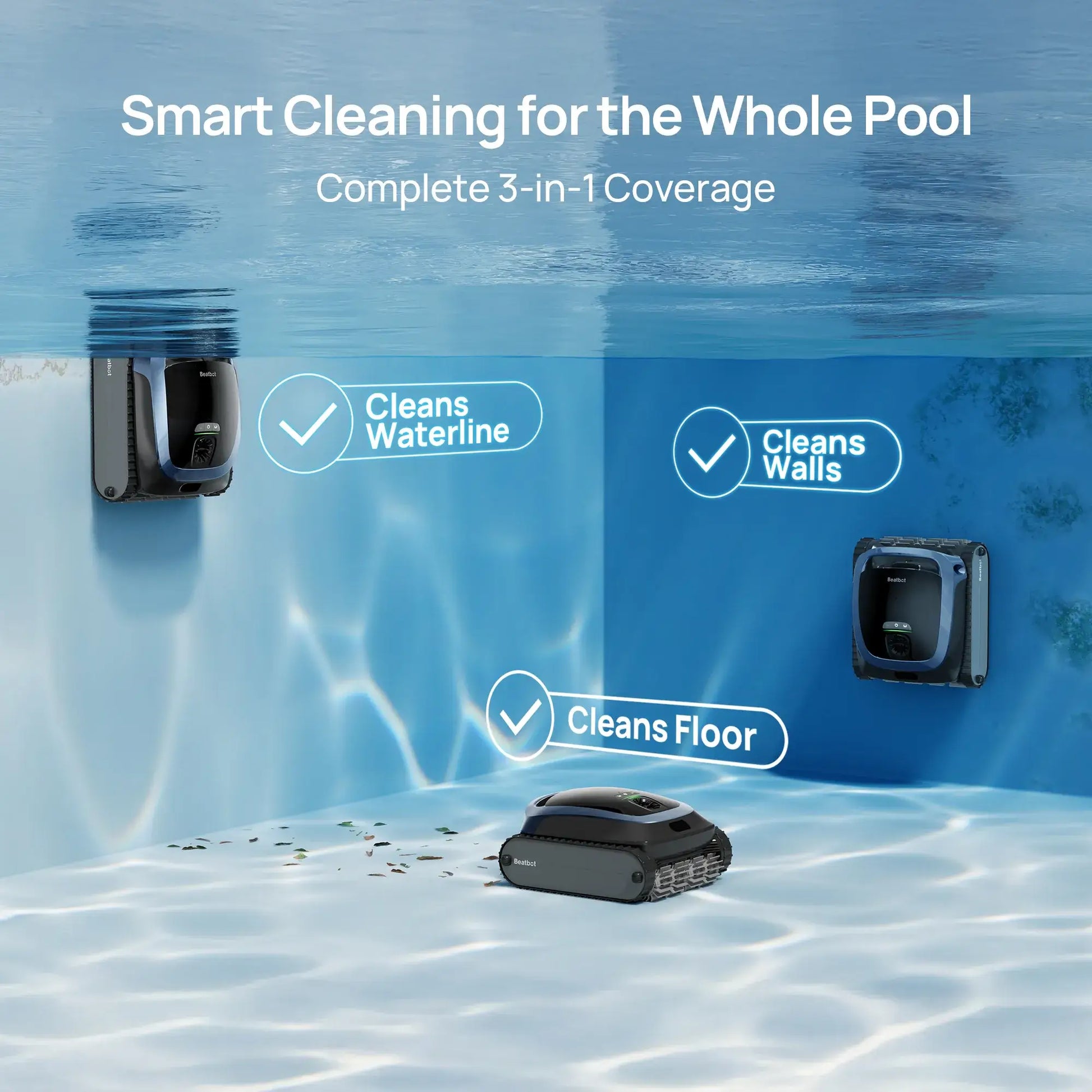 Beatbot P300 Cordless Robotic Pool Cleaner cleans pool floor, walls, and waterline, showcasing smart navigation and 3-in-1 coverage.