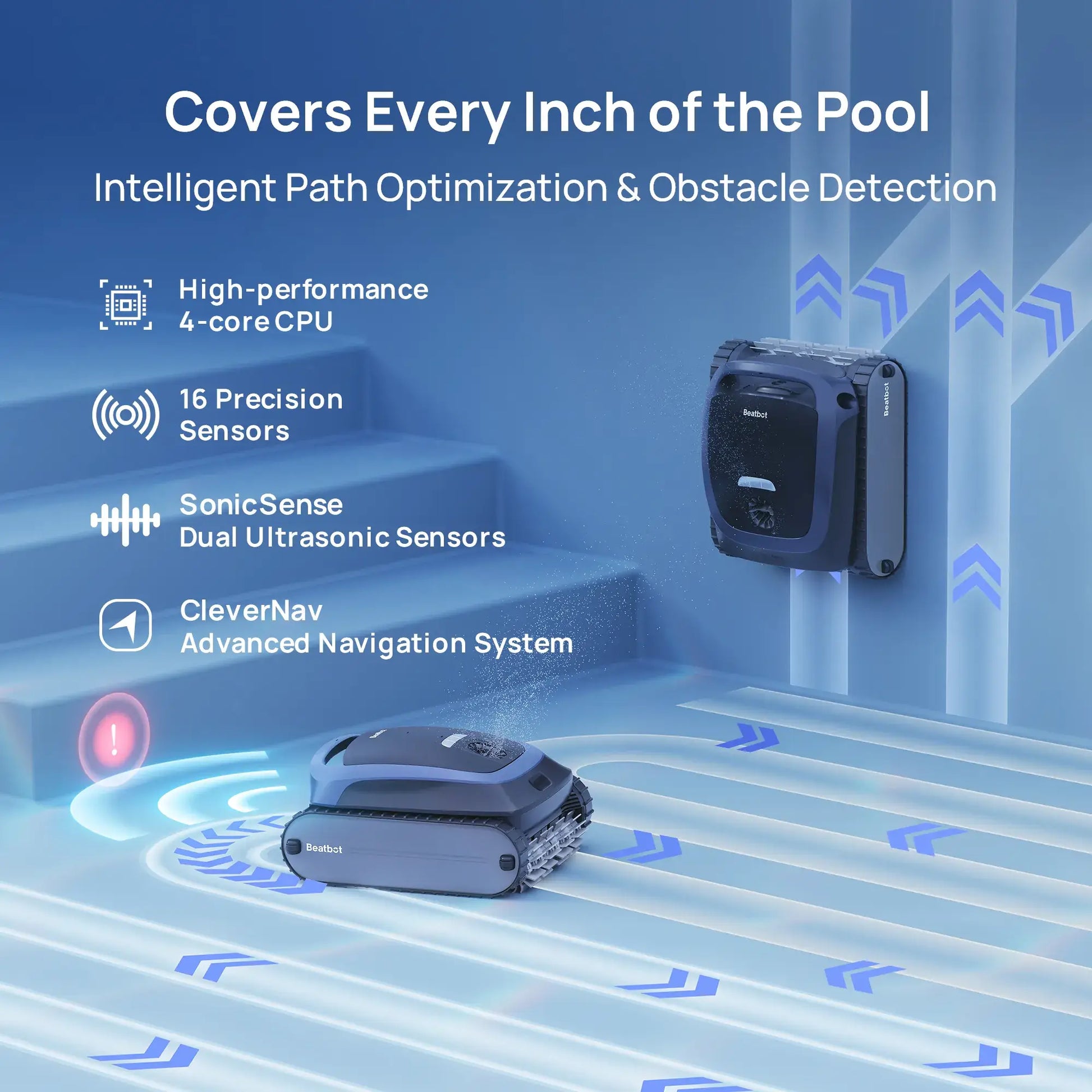 Beatbot P300 Cordless Robotic Pool Cleaner on pool steps with intelligent navigation, highlighting sensors and advanced features.