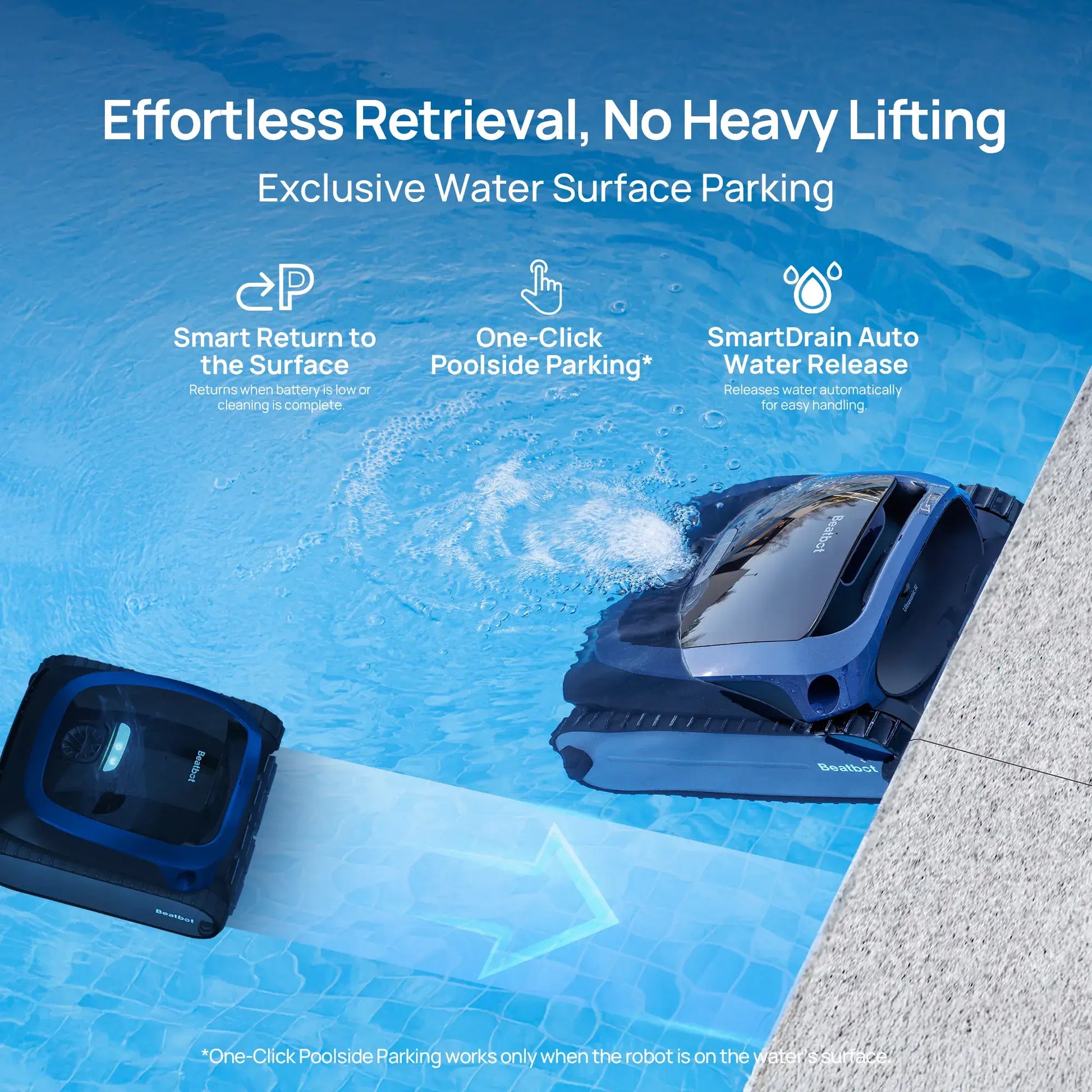 Beatbot P300 Cordless Robotic Pool Cleaner showing exclusive water surface parking feature in blue pool with easy retrieval.