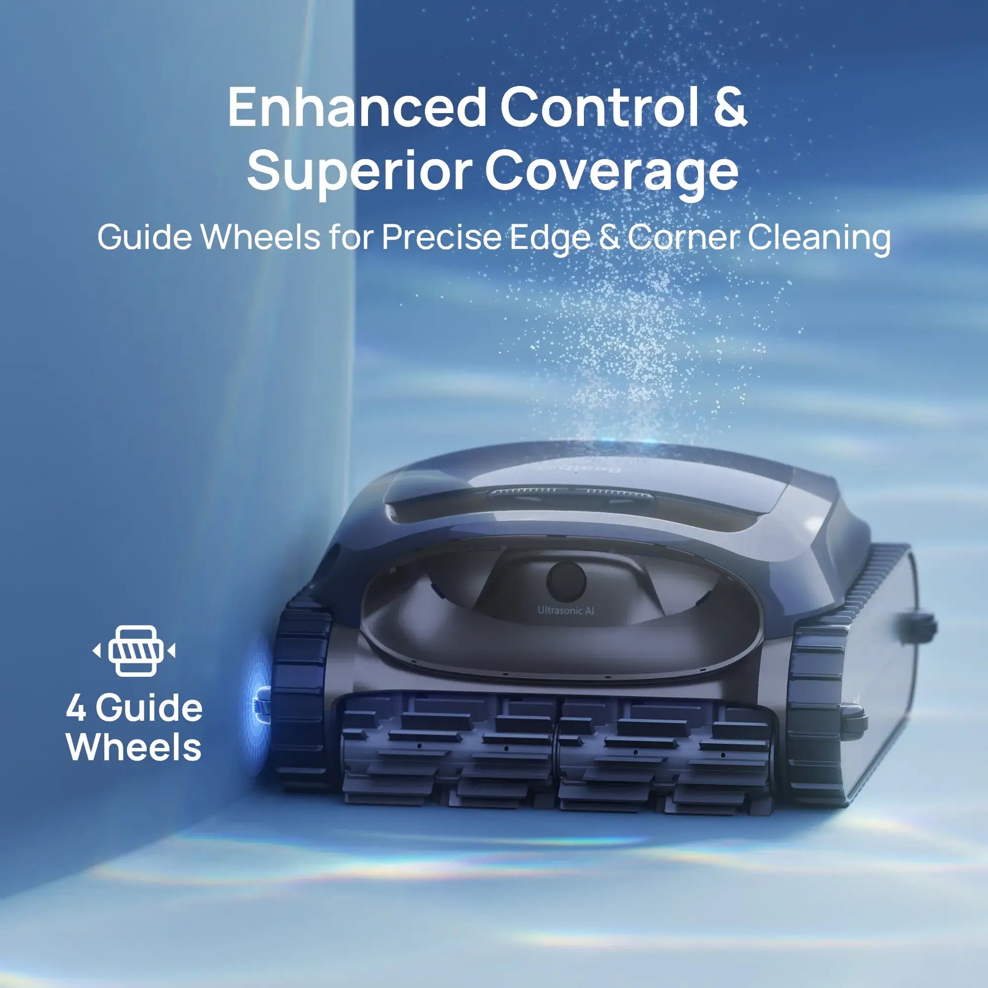 Beatbot P300 Cordless Robotic Pool Cleaner shows guide wheels for precise edge cleaning in a swimming pool.