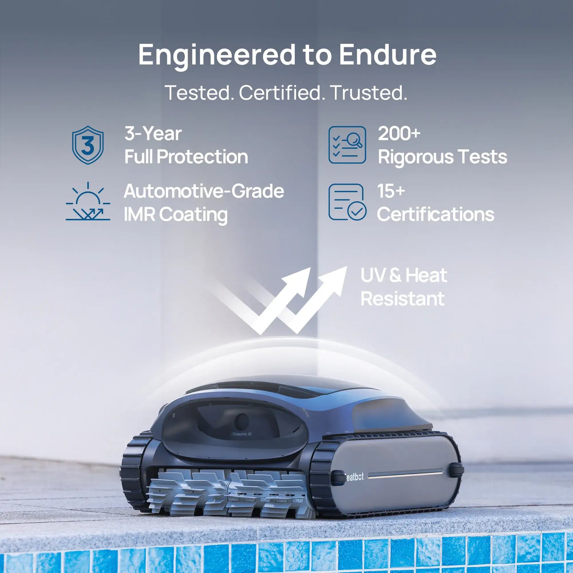 Beatbot P300 Cordless Robotic Pool Cleaner with automotive-grade coating, UV resistant, shown by pool edge. SOS Pool supplies.