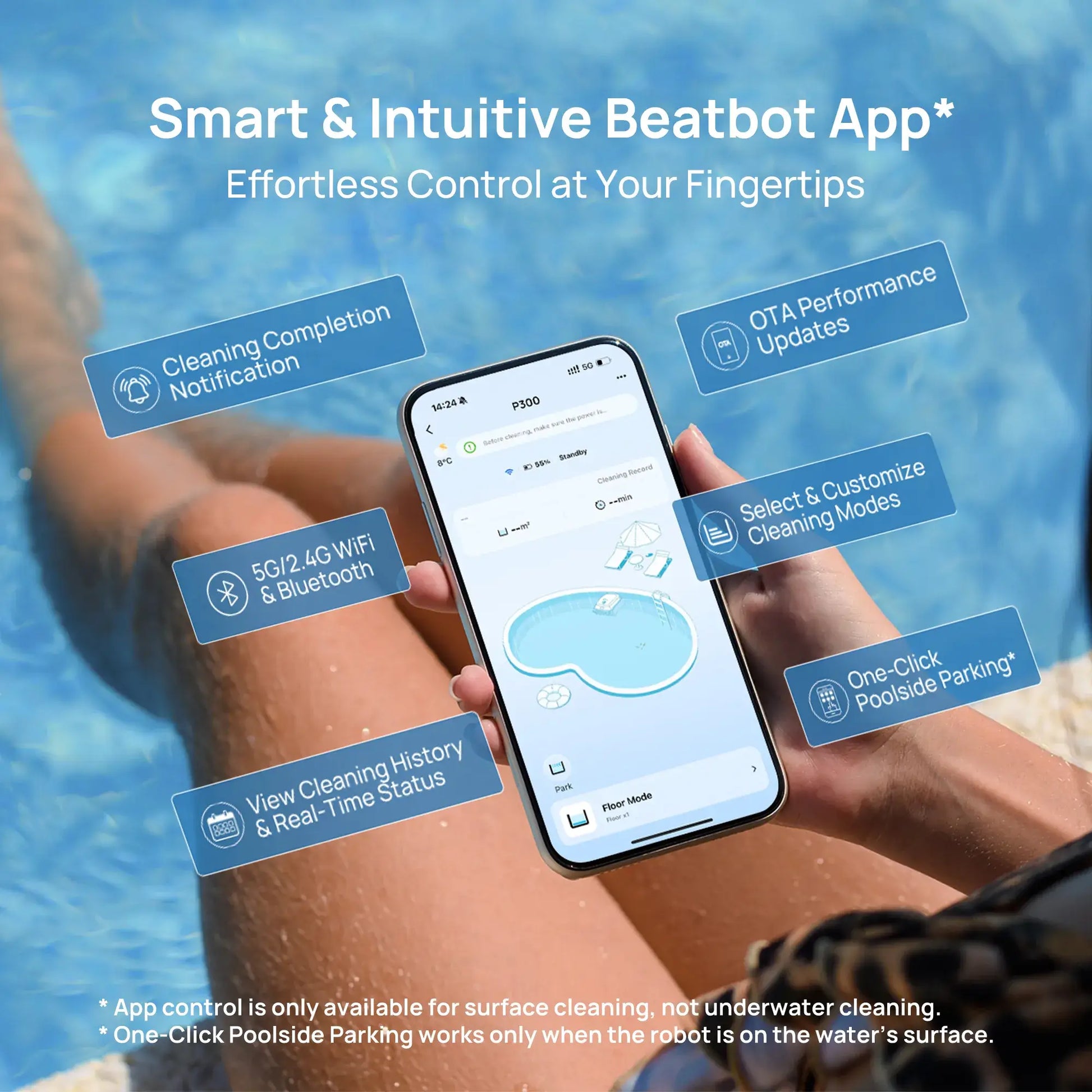 Beatbot P300 Cordless Robotic Pool Cleaner app on smartphone, showing controls for cleaning modes in a poolside setting.