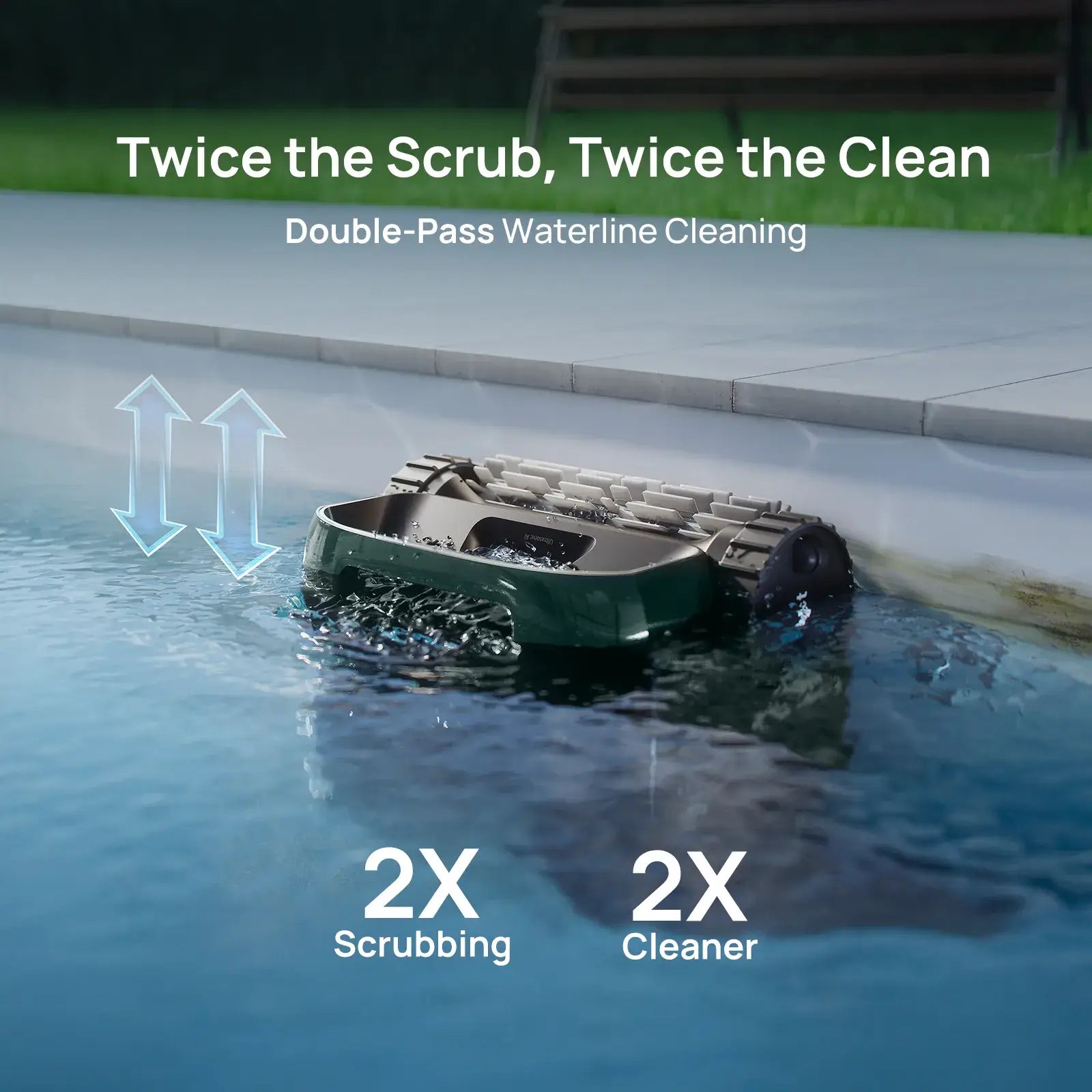 Beatbot P300 Pro Cordless Robotic Pool Cleaner in action, demonstrating double-pass waterline cleaning for effective pool maintenance.