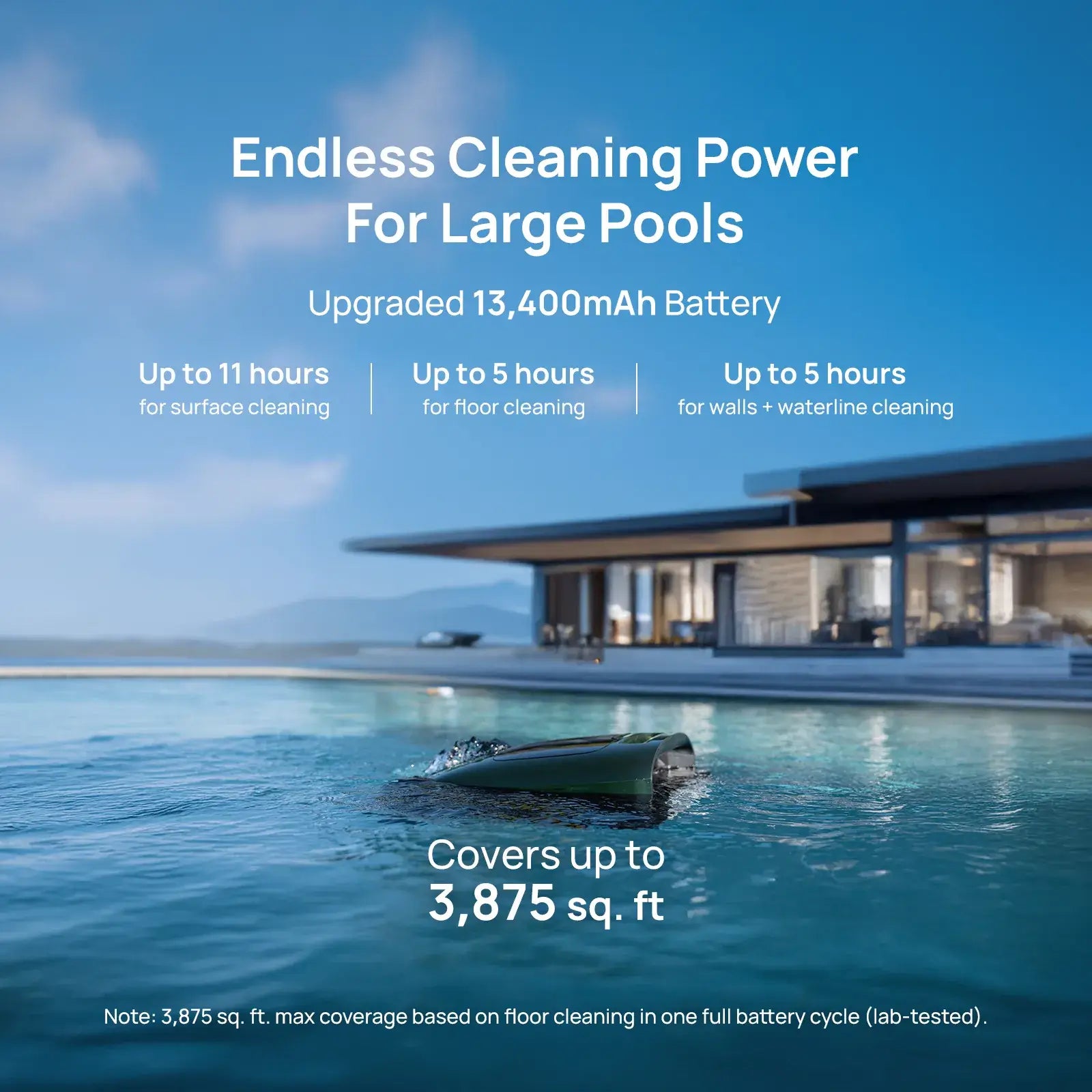 Beatbot P300 Pro Cordless Robotic Pool Cleaner glides through a large blue pool, showcasing its 13,400mAh battery and cleaning capabilities.