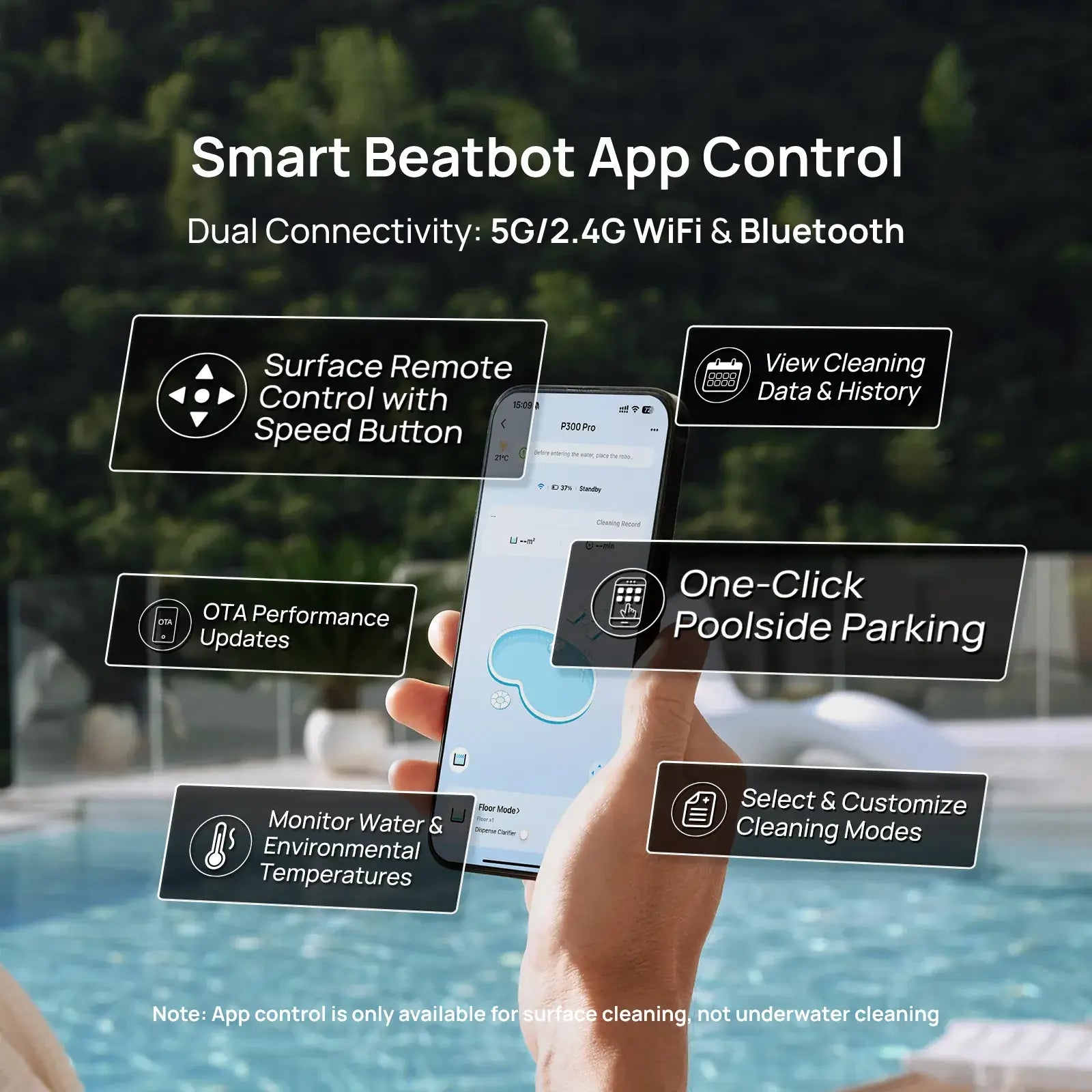 Beatbot P300 Pro Cordless Robotic Pool Cleaner app control features on phone by pool, highlighting dual connectivity and monitoring.
