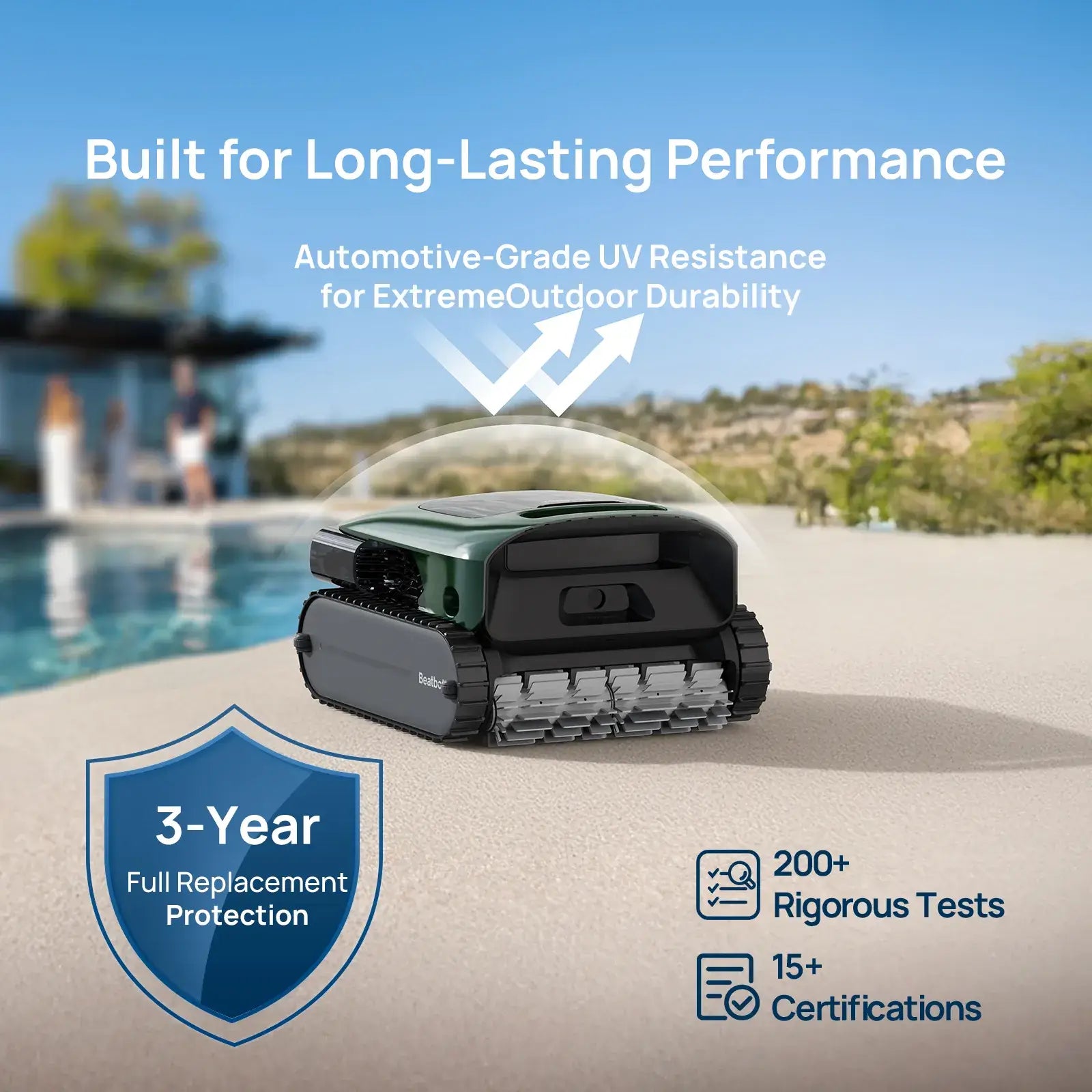 Beatbot P300 Pro Cordless Robotic Pool Cleaner showcasing UV resistance and durable design, ideal for SOS pool maintenance.