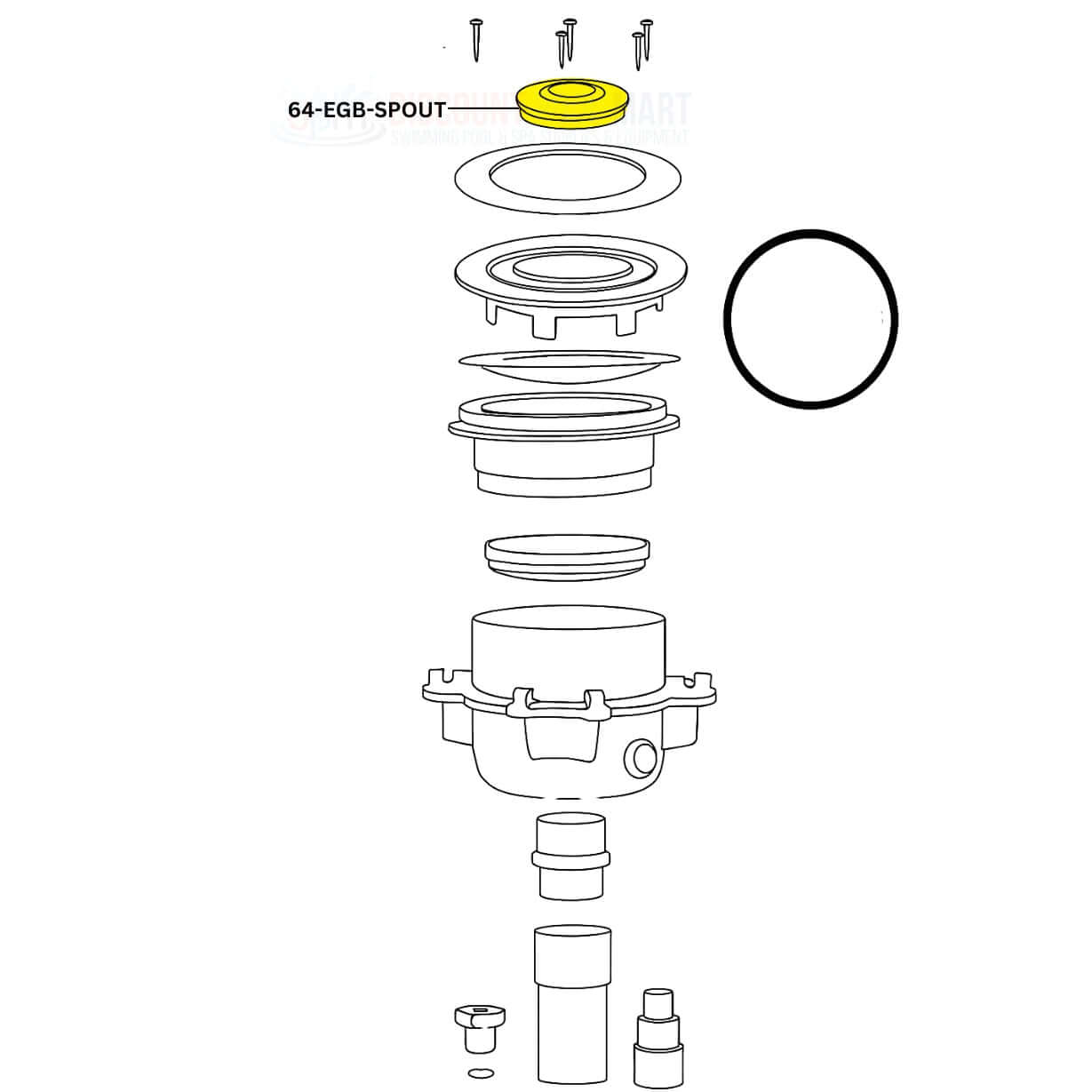 Exploded view diagram of PAL EvenGlow Sprout 64-EGB-SPOUT, highlighting parts like nozzle, seals, and screws for pool supplies.