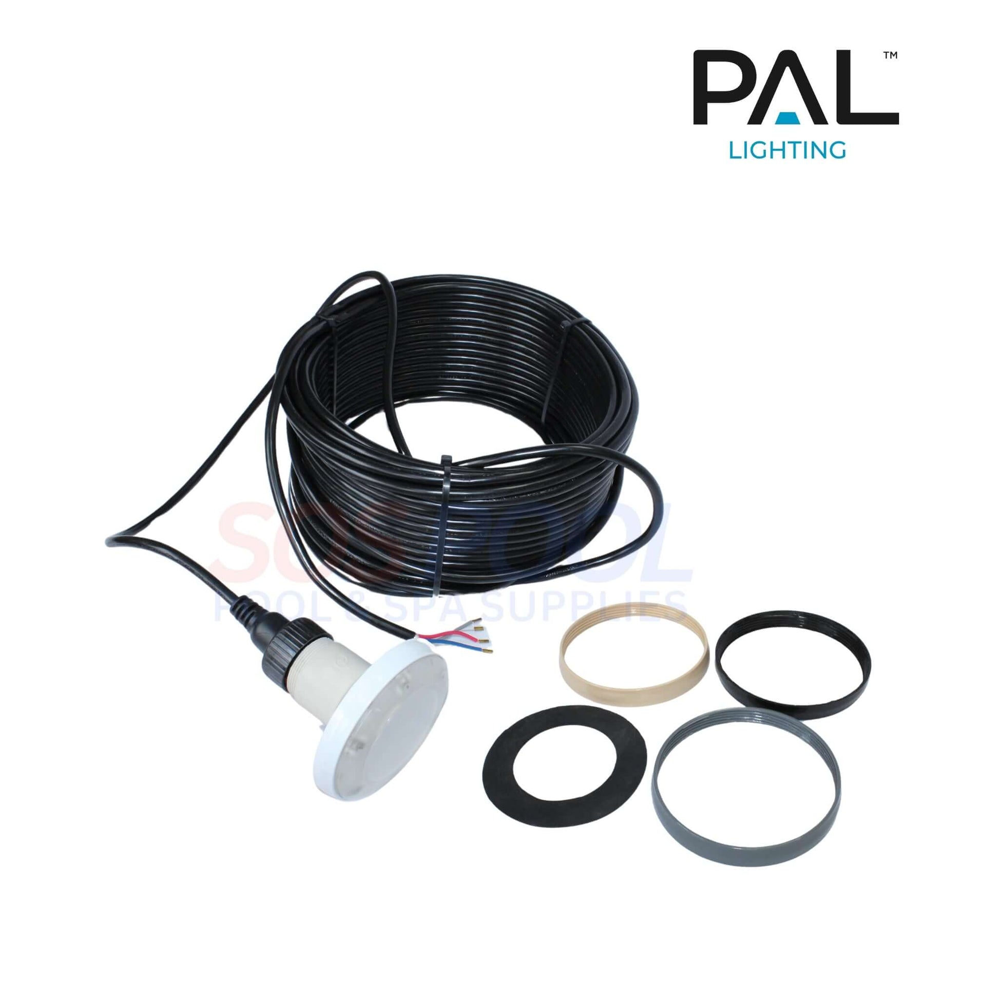 PAL Lighting Treo Max Nicheless Pool Light with 80 ft cable and various wall fittings for pool and spa use. SOS Pool.