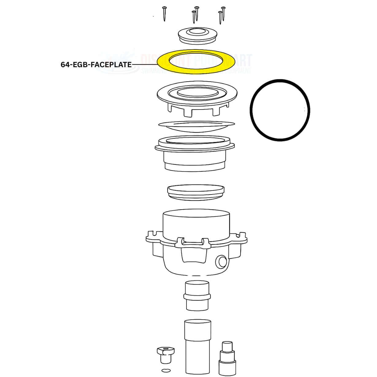 Exploded view of PAL Faceplate 64-EGB-FACEPLATE for EvenGlow Bubbler, showcasing assembly parts for pool supplies.