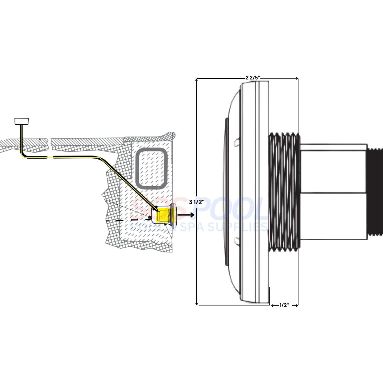 Diagram of PAL Lighting Treo Max Multi Color Nicheless Pool & Spa Light with dimensions and connection details.