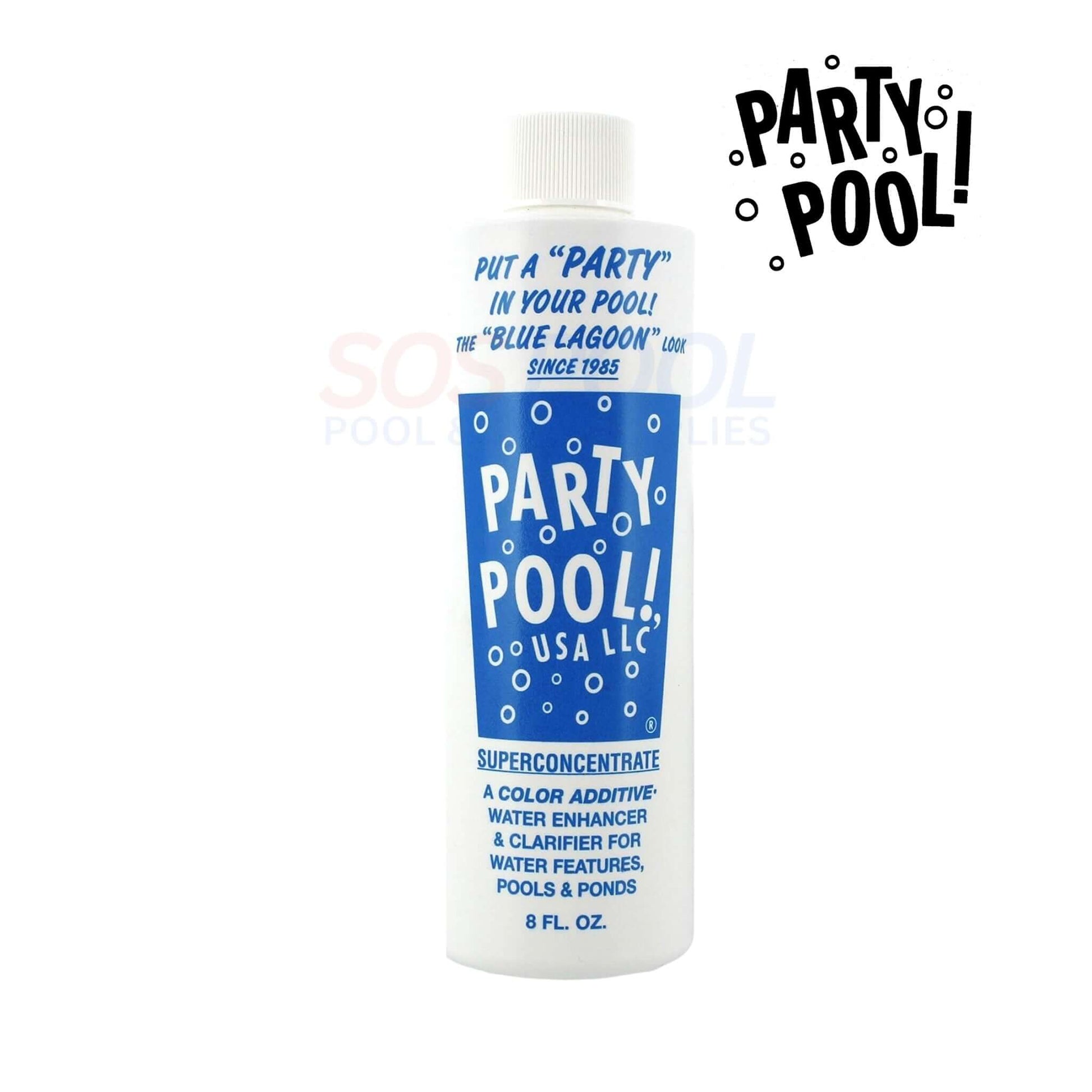Party Pool | Pool Color Additive Blue Lagoon | 47016-00008 8 oz bottle with vibrant blue design for enhancing pool aesthetics.