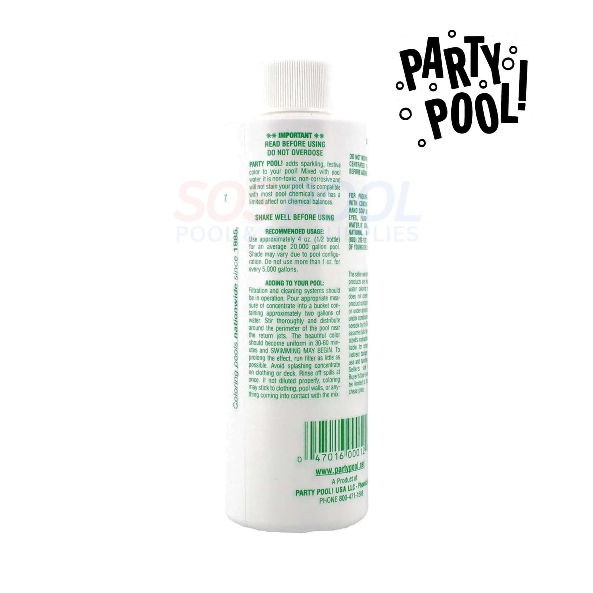 Party Pool | Pool Color Additive Emerald Green | 47016-00012 bottle showing usage instructions, ideal for SOS Pool supplies.