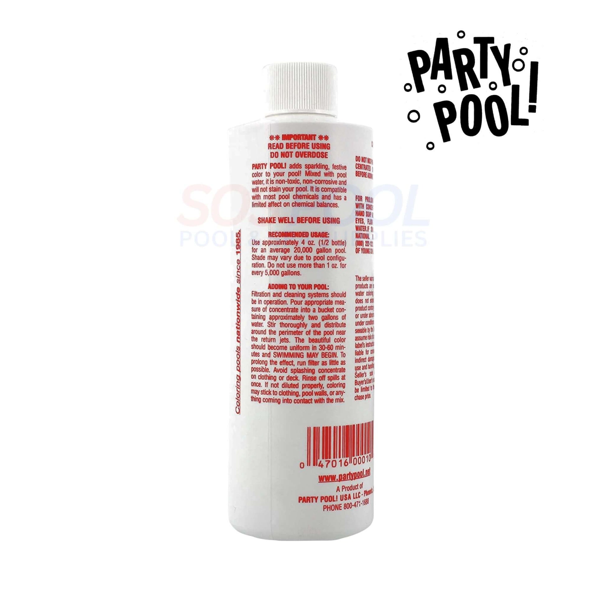 Party Pool | Pool Color Additive Rockin Red | 47016-00010 bottle showing usage instructions, a vibrant design, and SOS Pool branding.