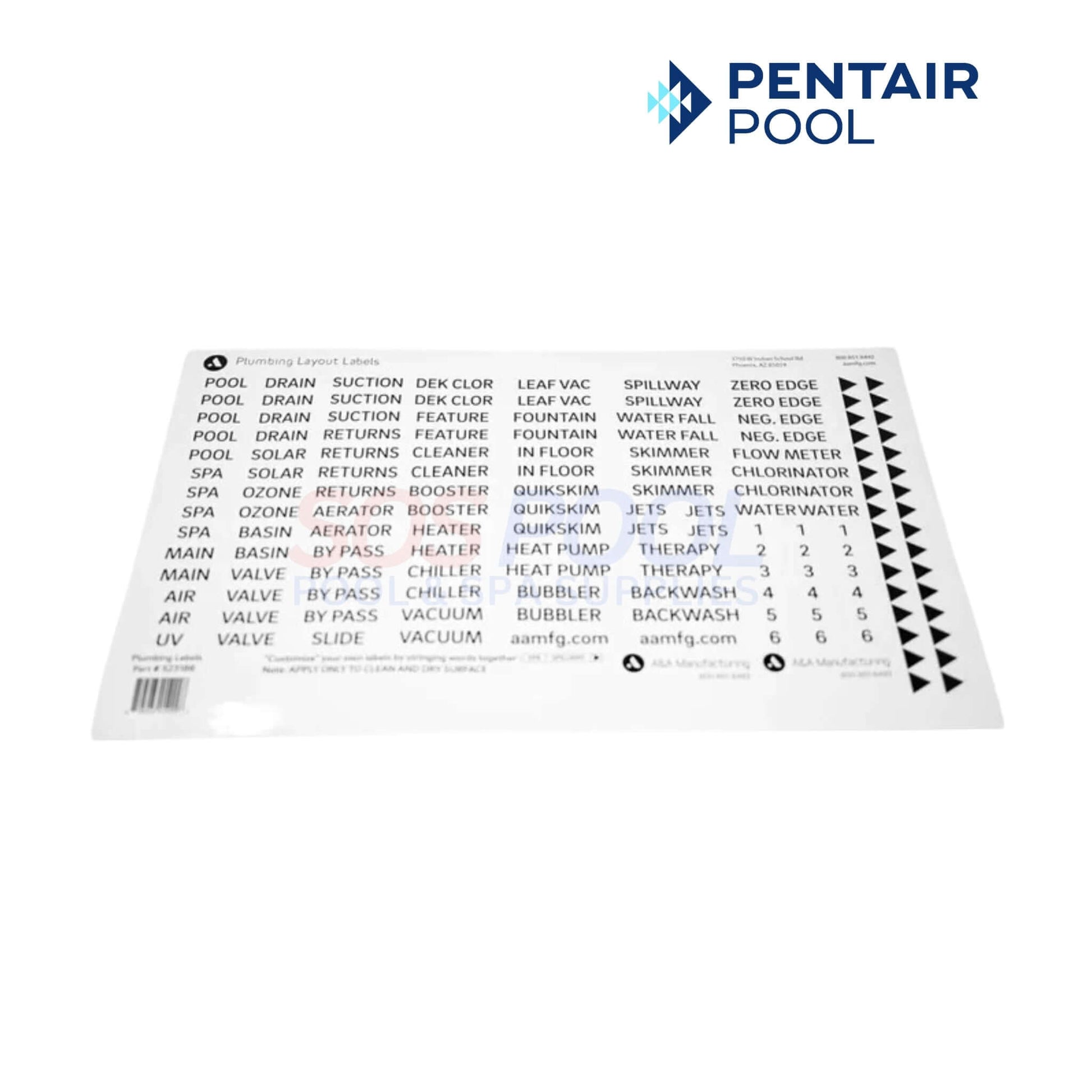 Pentair A&A In-Floor Plumbing Labels | 523186 | 542583 on a white background, featuring clear plumbing identification for SOS Pool.  