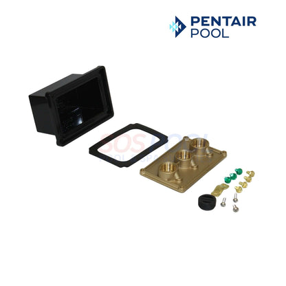 Pentair Brass Light Junction Box | 3/4" | 3 Port | 78310600 showing brass box, gaskets, screws, and wiring terminals for pool lighting.
