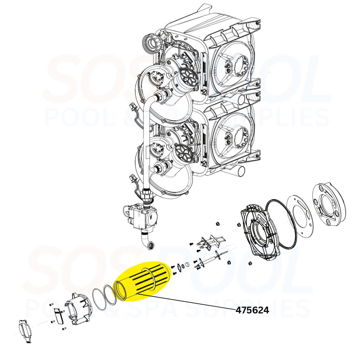 Pentair Burner Tube 475624 schematic for ETi 400 Heater by SOS Pool, essential for heater combustion efficiency.