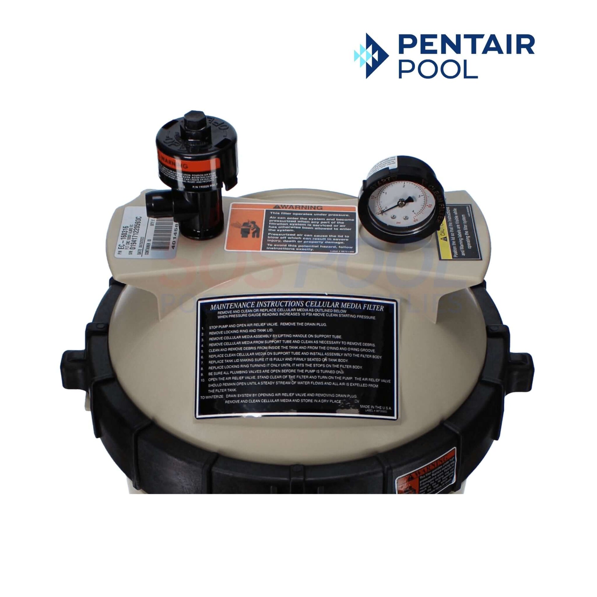 Pentair Clean & Clear Cartridge Filter showing top view, pressure gauge, and maintenance instructions for SOS Pool.