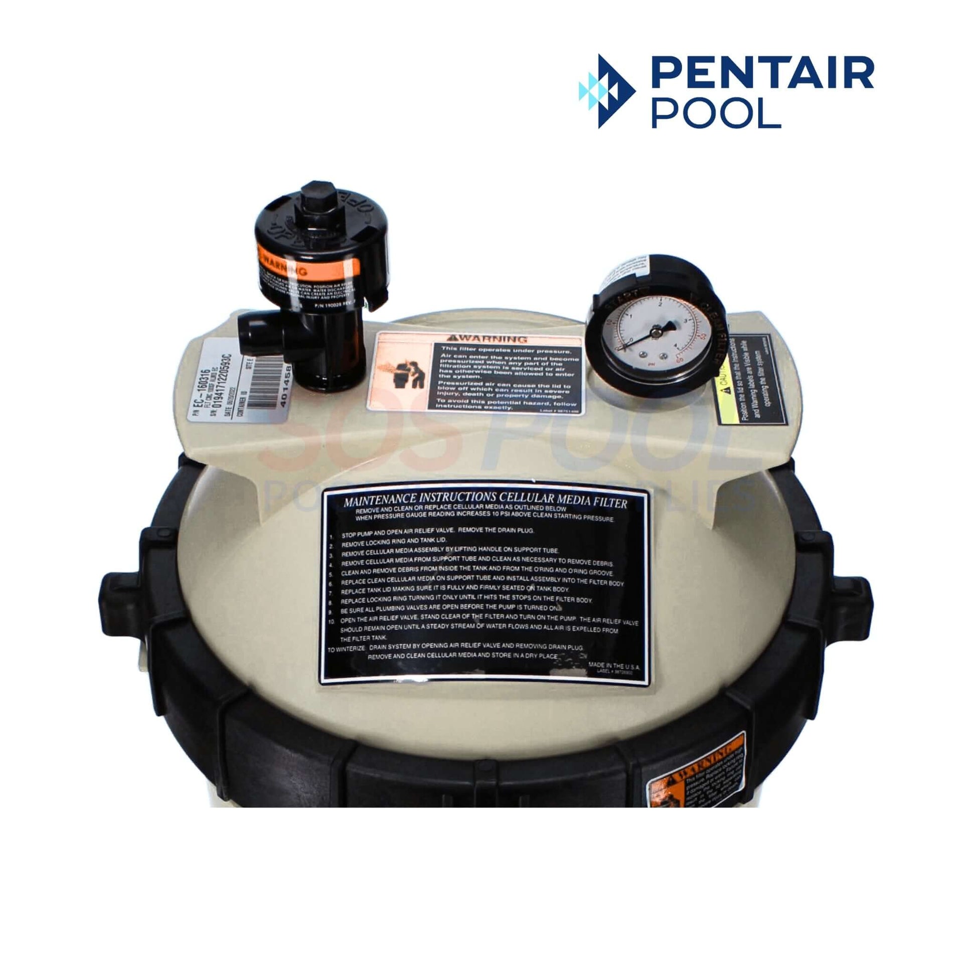 Pentair Clean & Clear Cartridge Filter top view, featuring maintenance instructions for SOS Pool. Model EC-160315.