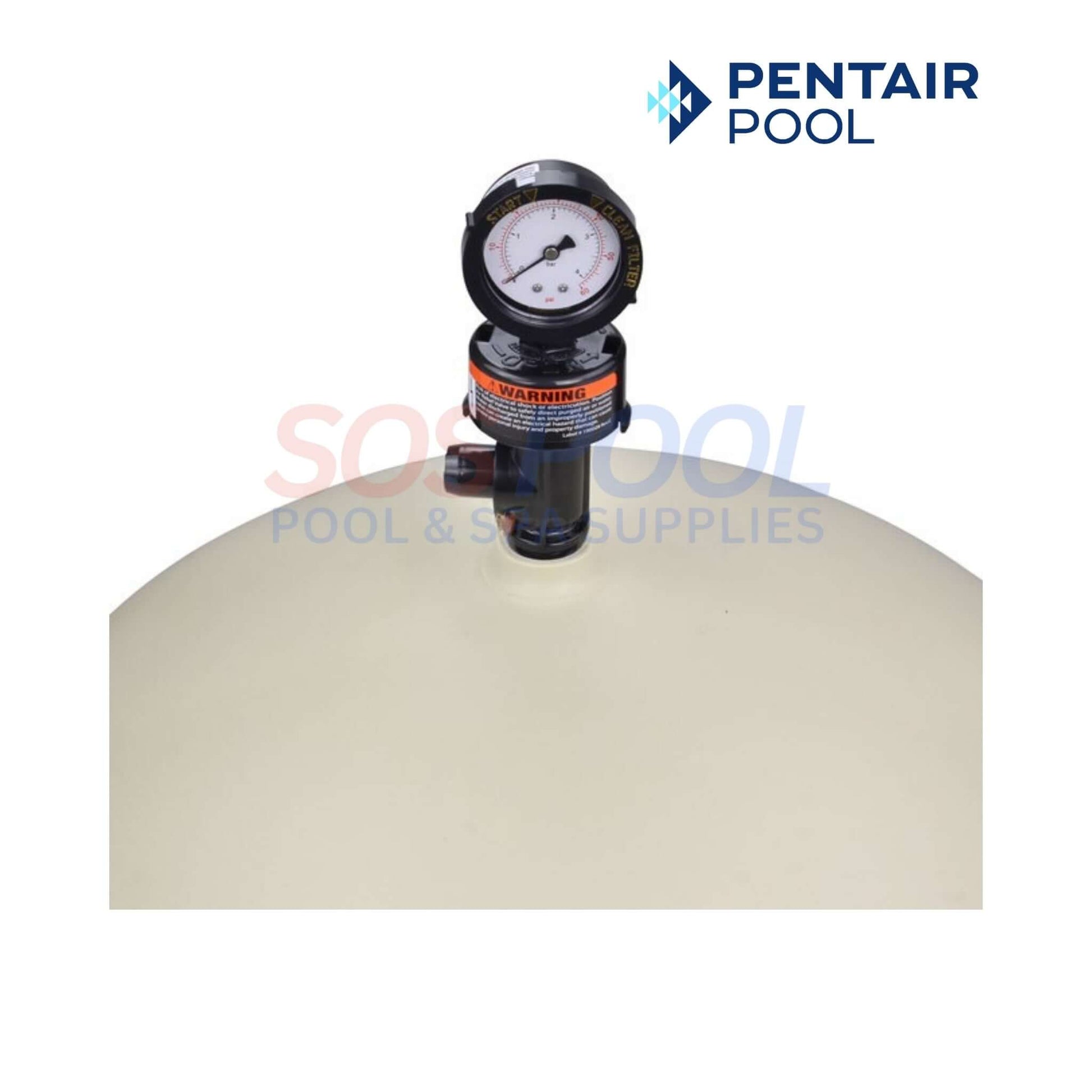 Pentair Clean & Clear Plus 320 Cartridge Pool Filter | EC-160340 with gauge, showing top view and logo, ideal for pool supplies.