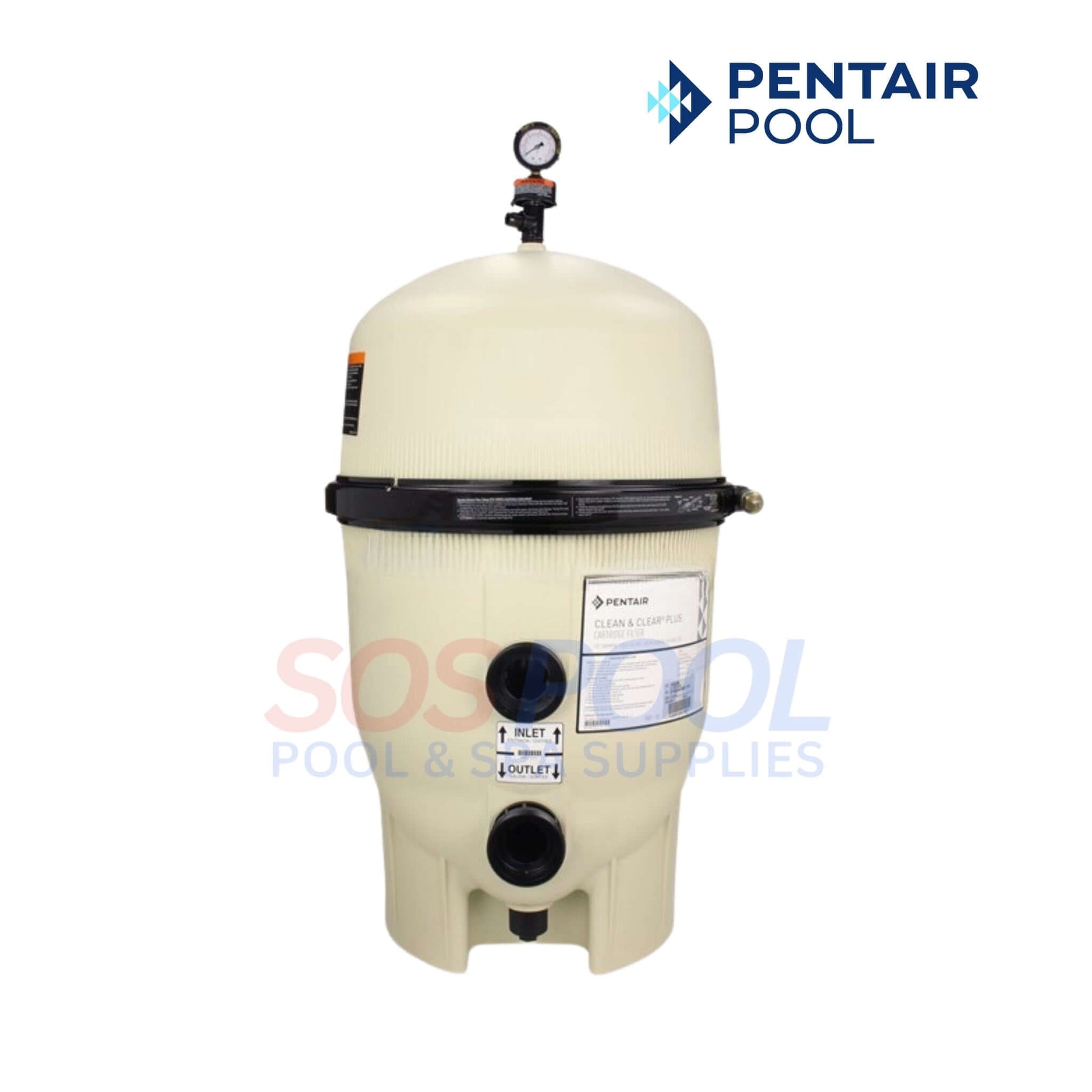 Pentair Clean & Clear Plus 320 Cartridge Pool Filter | EC-160340, white filter canister, pressure gauge, pool supplies, SOS Pool